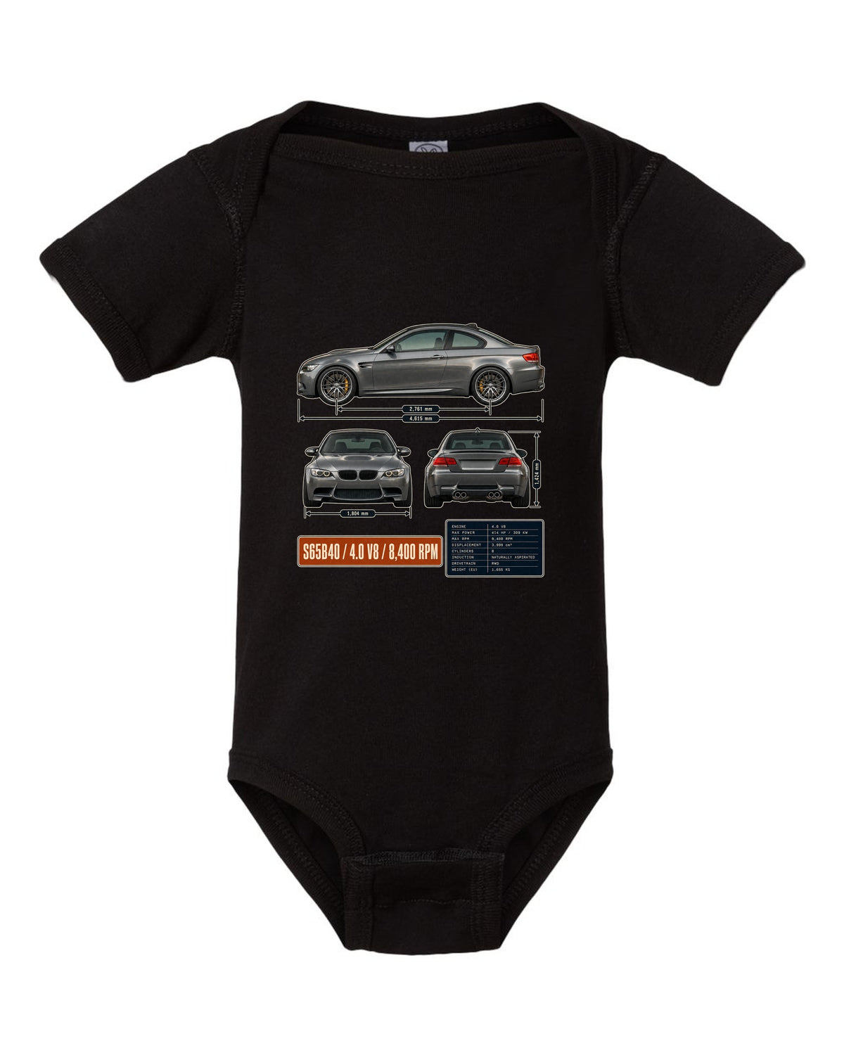 BMW M3 E92 coupe three-view drawing with S65 V8 spec table black baby onesie front view with the design