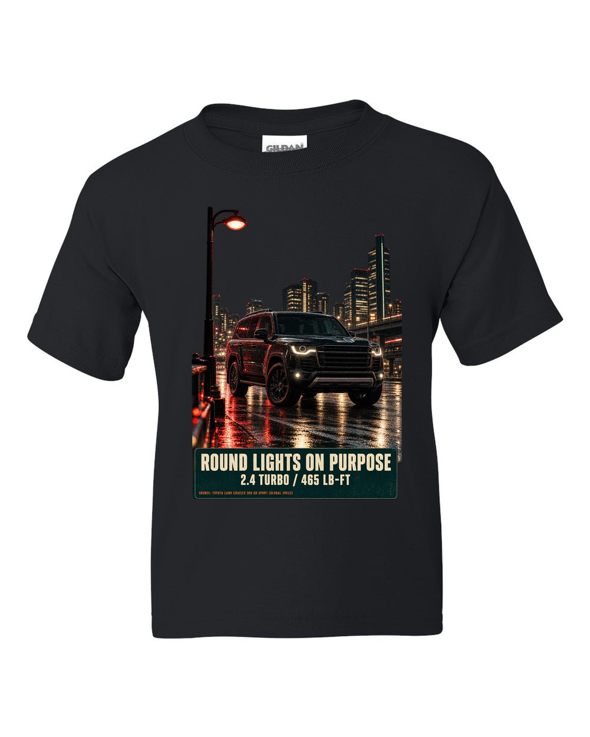 Toyota Land Cruiser 250 First Edition on a mountain pass at night black kids tee front view with the design