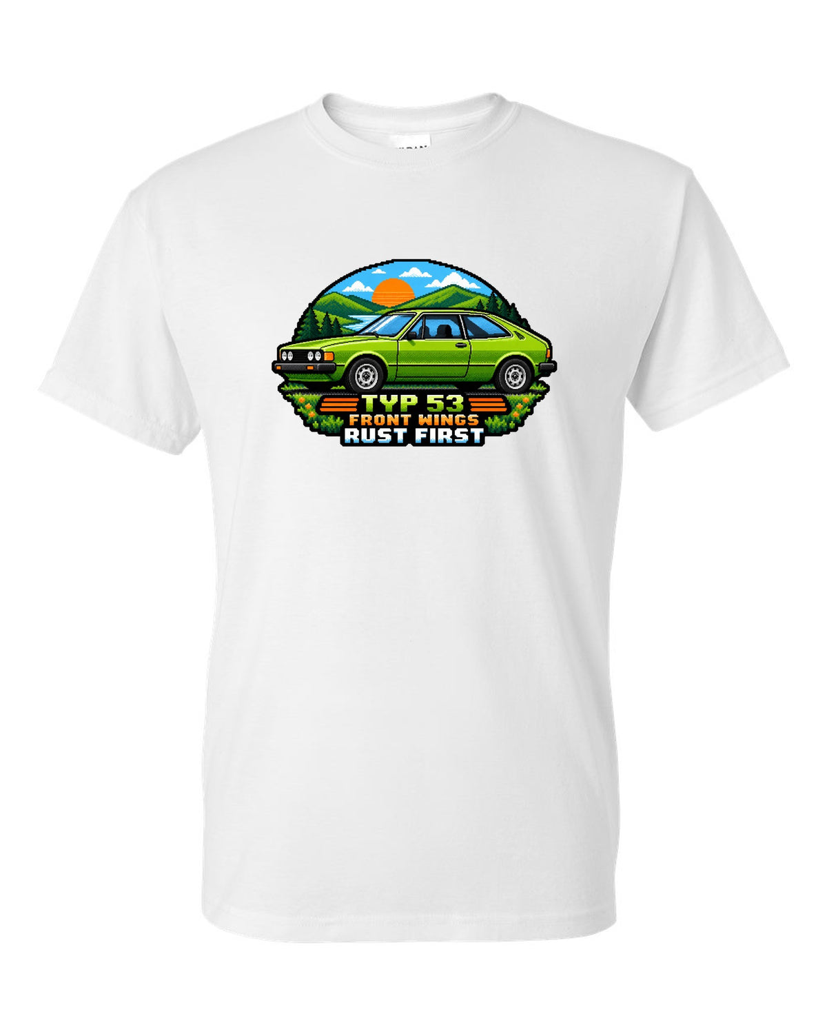8/16-bit pixel art of a VW Scirocco Mk1 Typ 53 with front wings rust first text white t-shirt front view with the design