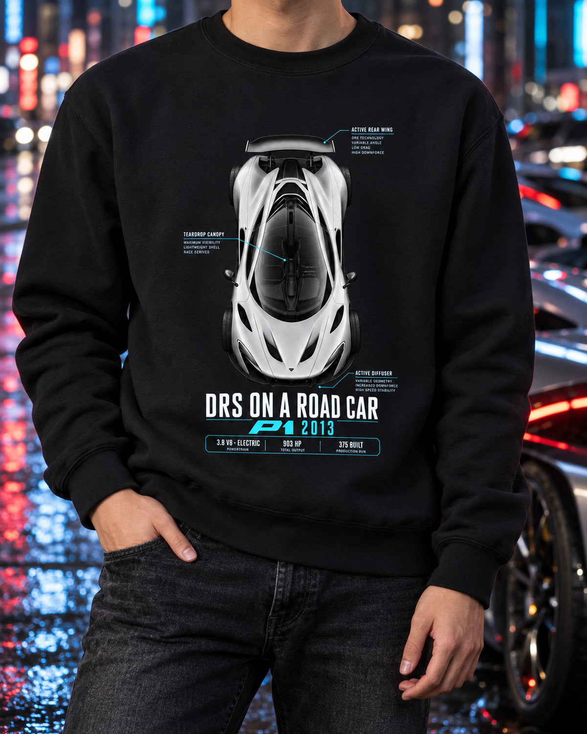 McLaren P1 2013 DRS On A Road Car Spec Poster Tee Crewneck Black worn hero