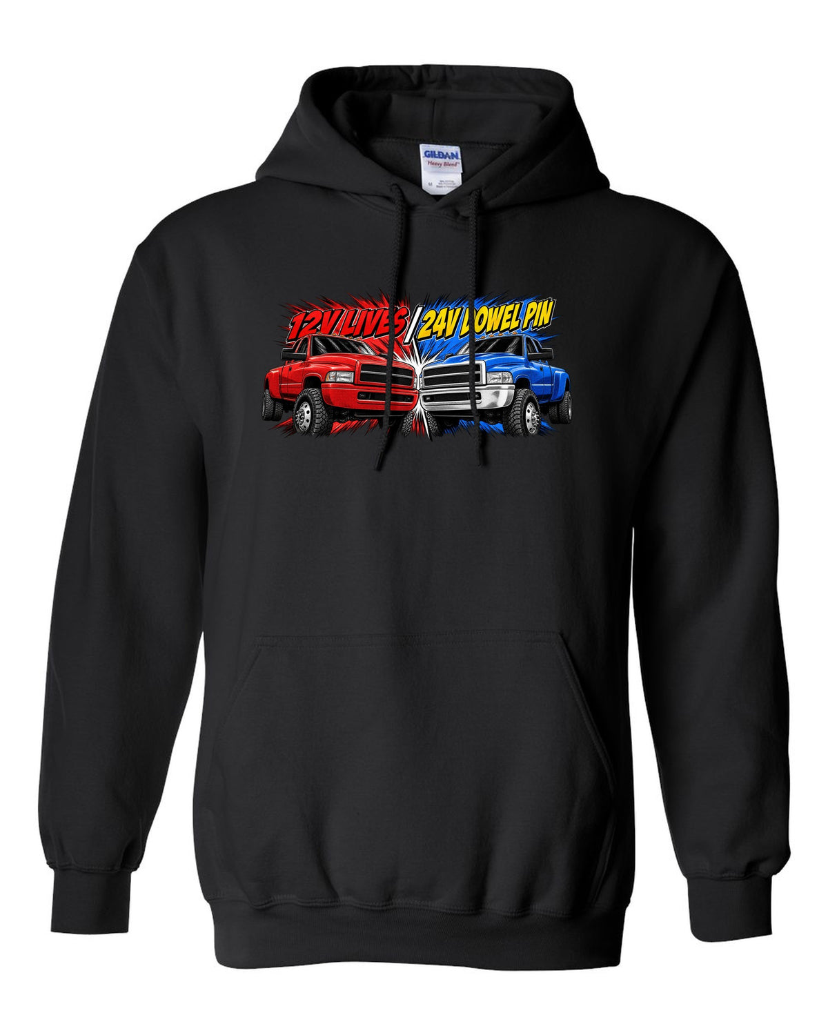 Retro manga halftone print of two Dodge Ram 2nd gen trucks with 12V lives and 24V dowel pin text black pull over hoodie front view with the design
