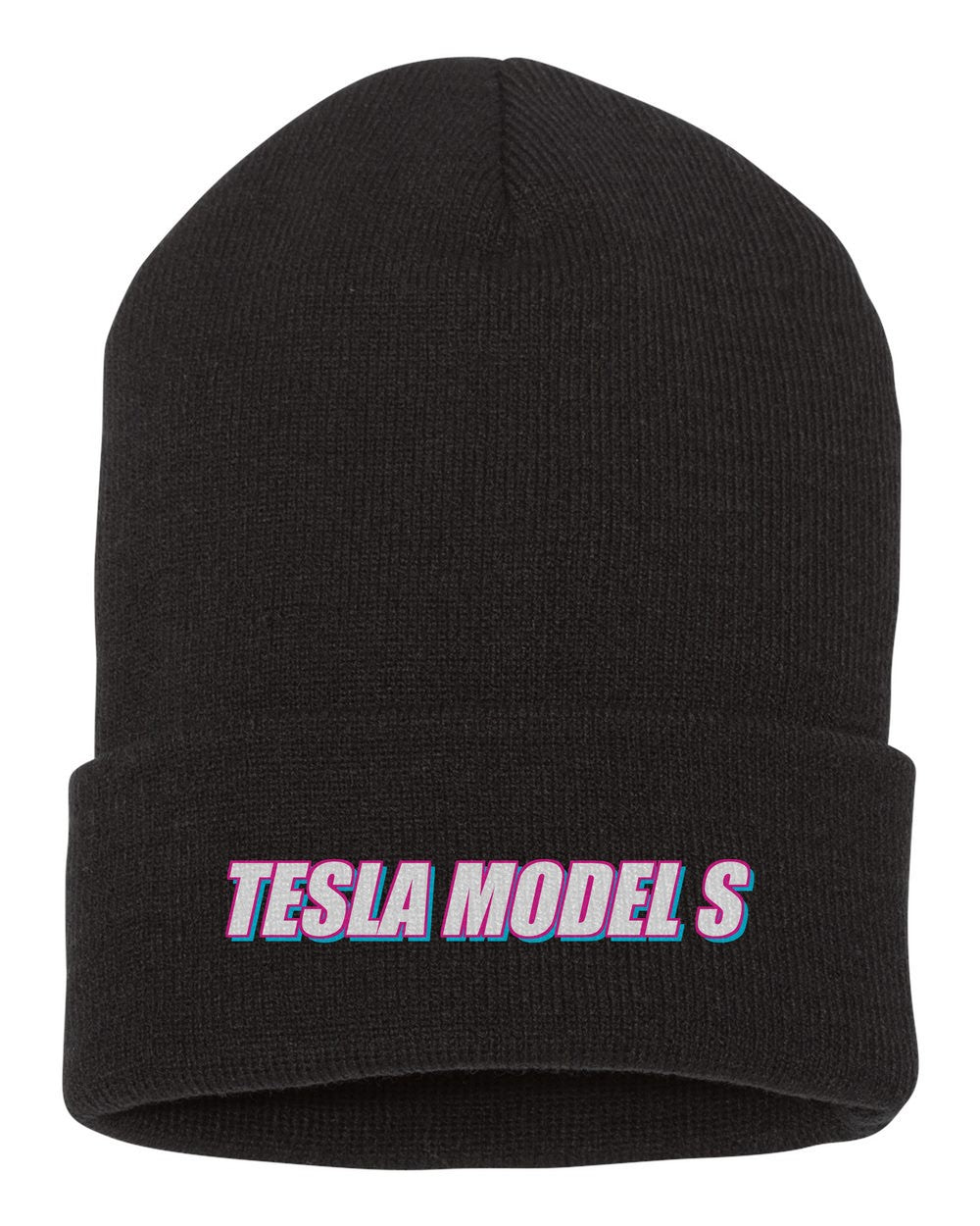Tesla Model S black beanie front view with car name