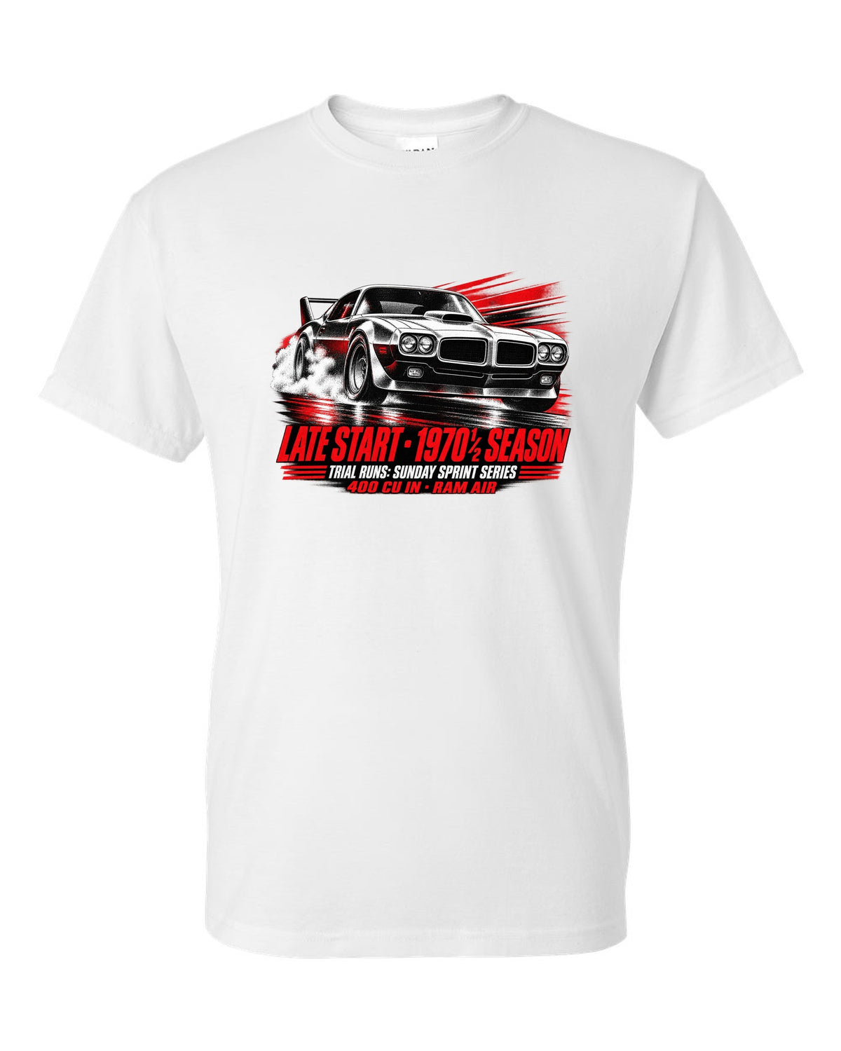 1970 1/2 Pontiac Firebird Trans Am race poster print with Ram Air text white t-shirt front view with the design