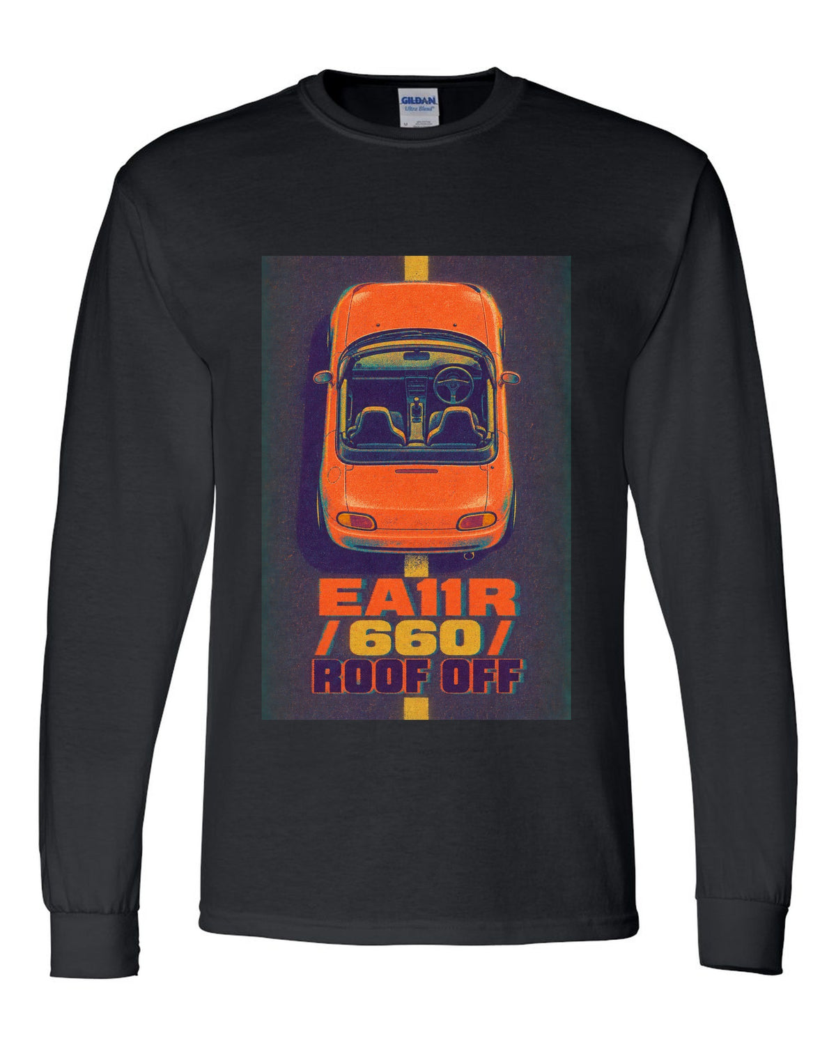 Risograph-style Suzuki Cappuccino EA11R with the text 660 and roof off black long sleeve front view with the design