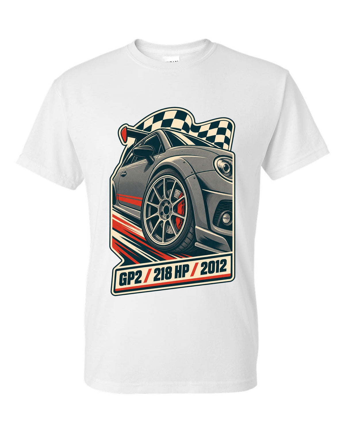 Vintage race poster of the Mini Cooper GP2 R56 with 218 HP and 2012 text white t-shirt front view with the design