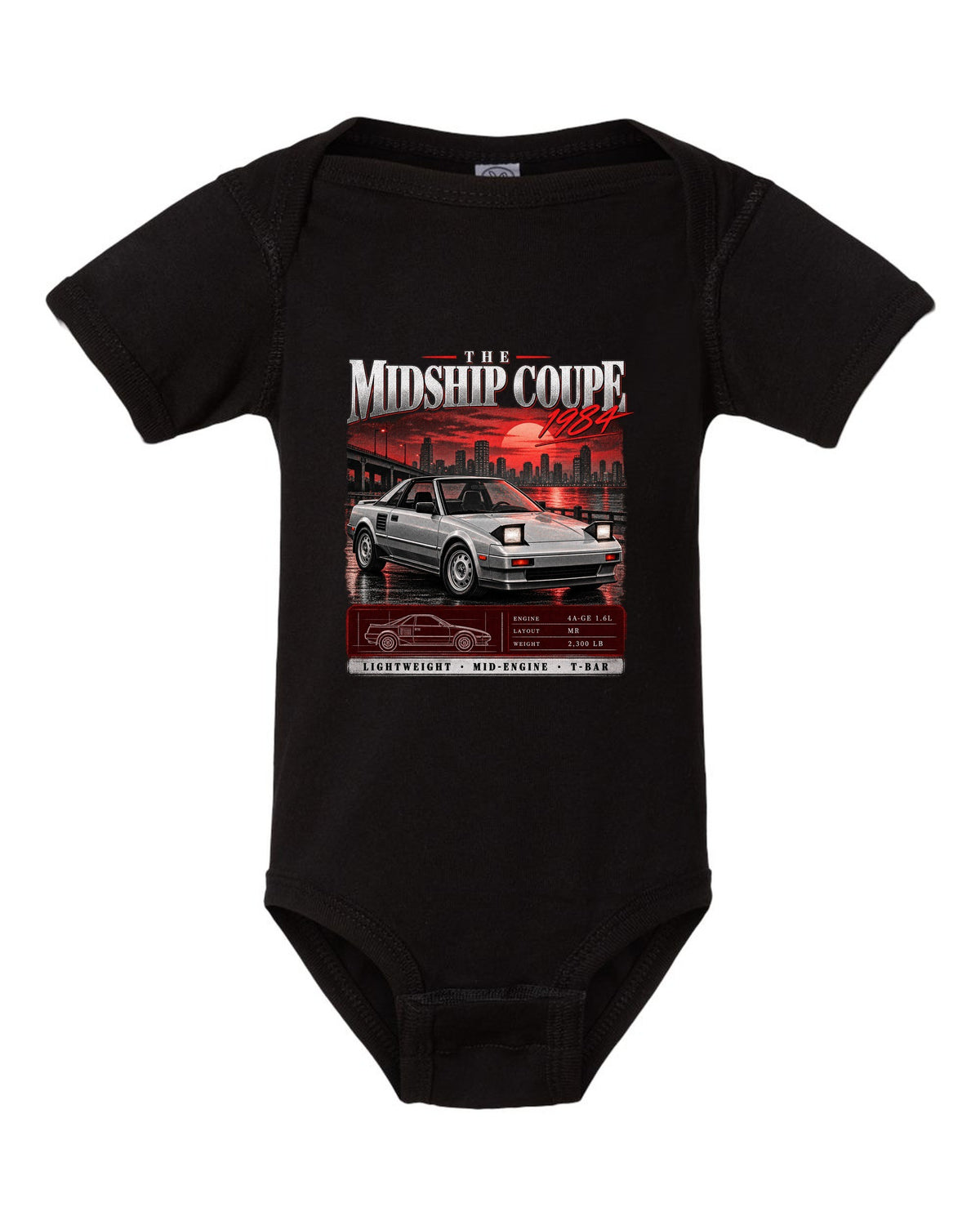 Archive panel print of a Toyota MR2 AW11 with the text The Midship Coupe 1984 black baby onesie front view with the design