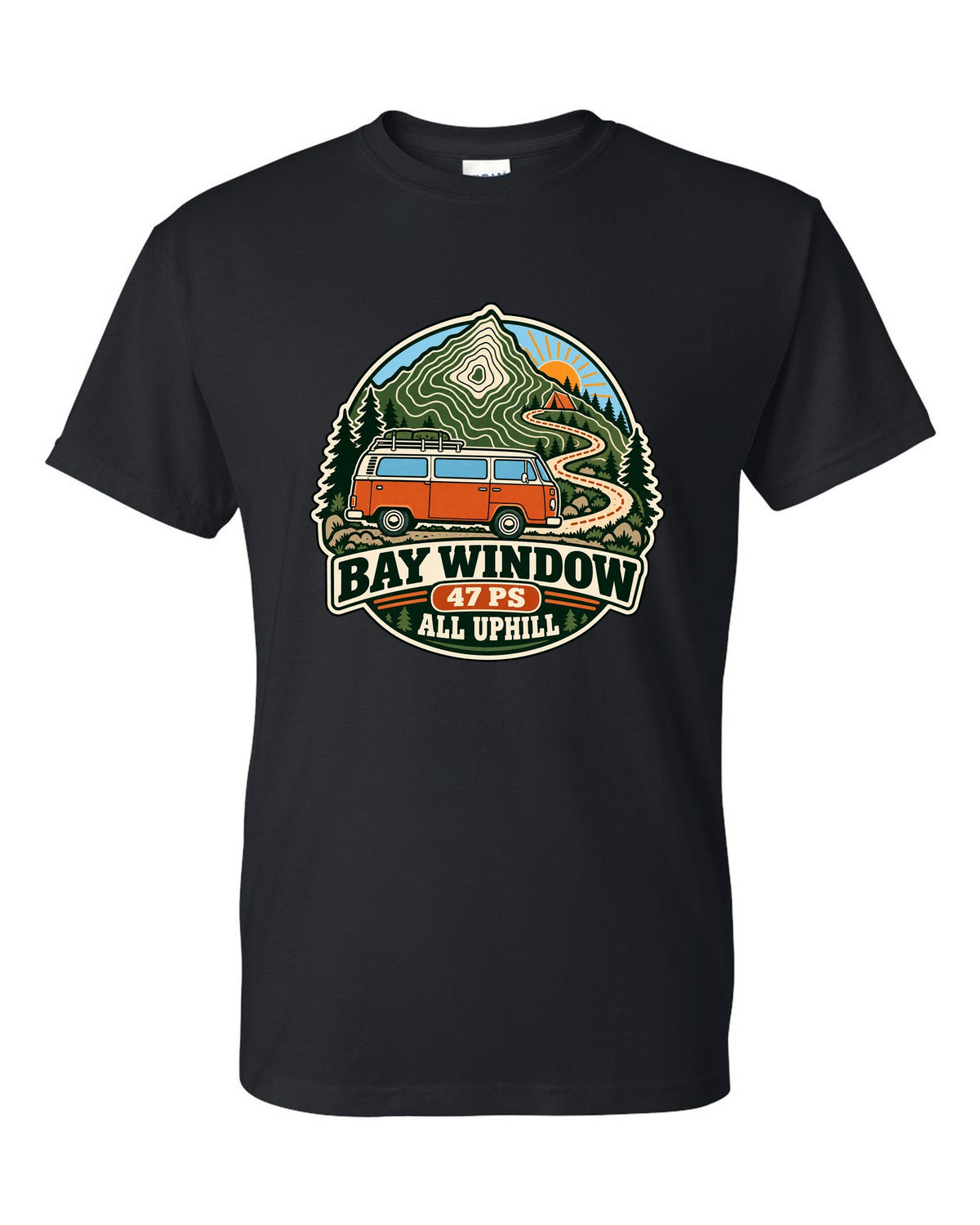 Topographic route map style print of a VW Bus T2 Bay Window with 47 PS all uphill text black t-shirt front view with the design