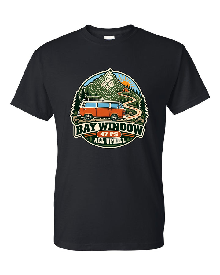Topographic route map style print of a VW Bus T2 Bay Window with 47 PS all uphill text black t-shirt front view with the design