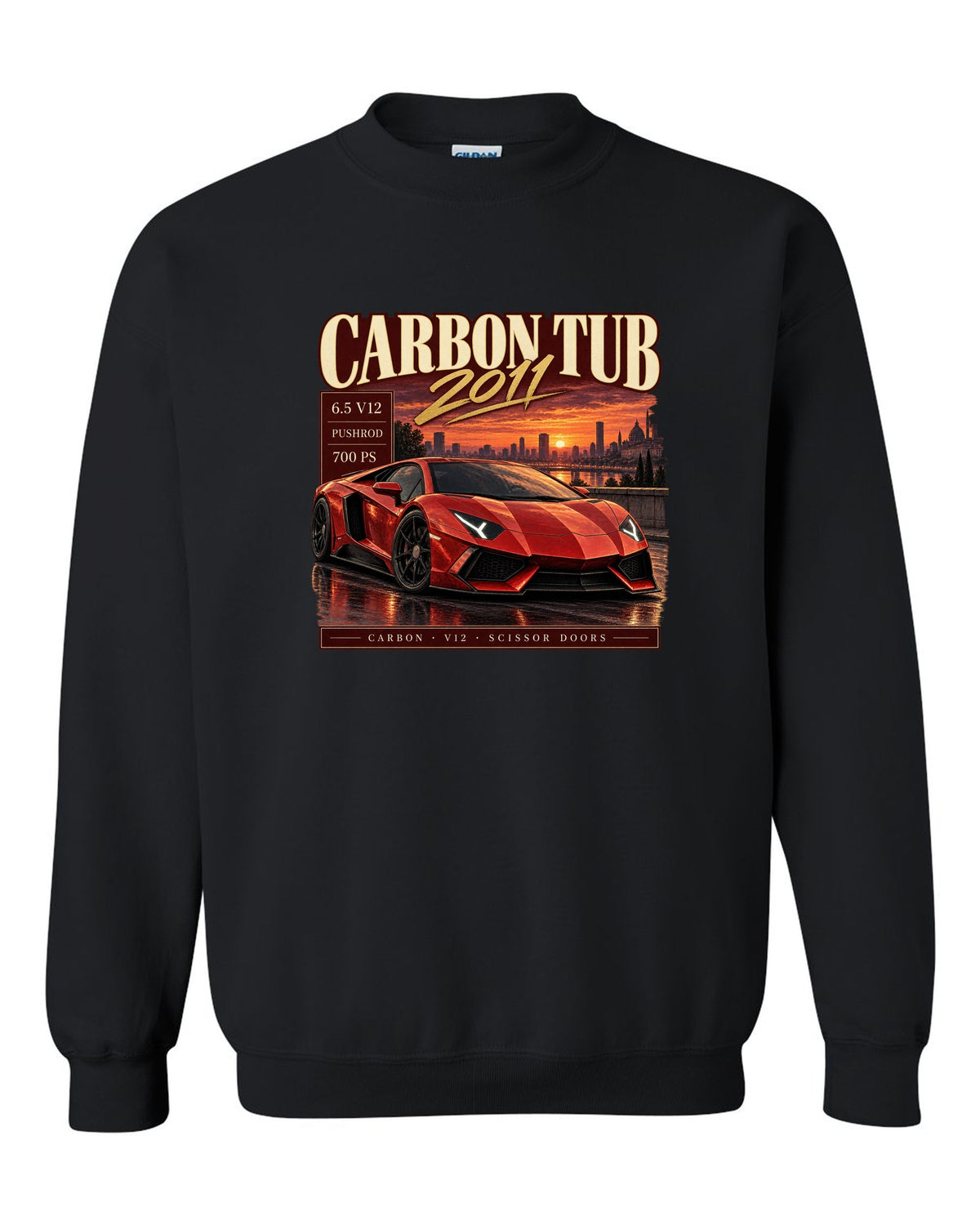 Archive panel print of a Lamborghini Aventador LP700-4 with Carbon Tub and 6.5 V12 text black crewneck front view with the design