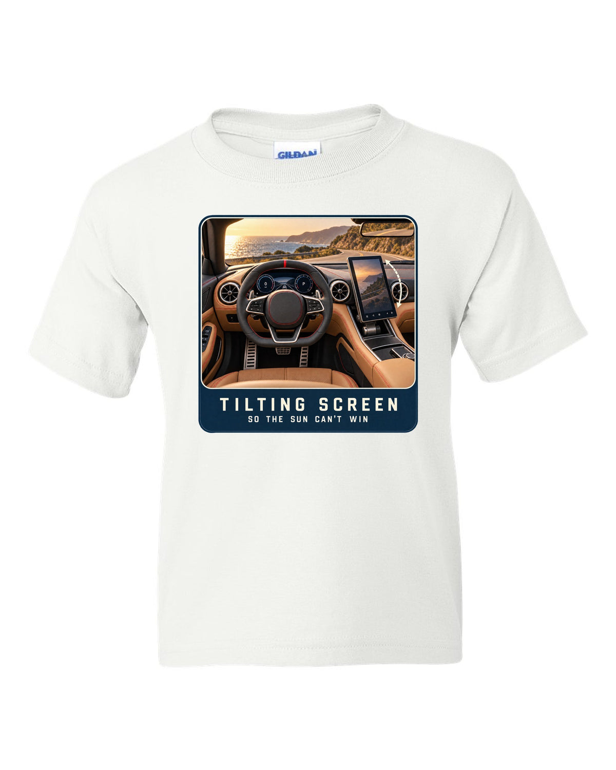 Mercedes-AMG SL63 R232 cockpit driver view with tilting central screen print white kids tee front view with the design