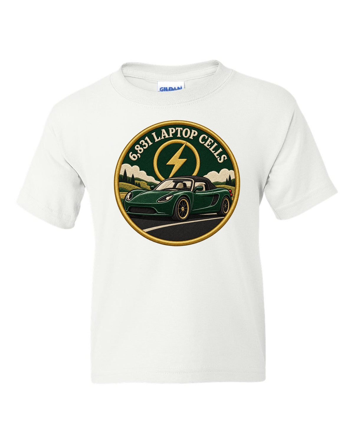Round crest print of a Tesla Roadster Gen 1 reading 6,831 Laptop Cells white kids tee front view with the design