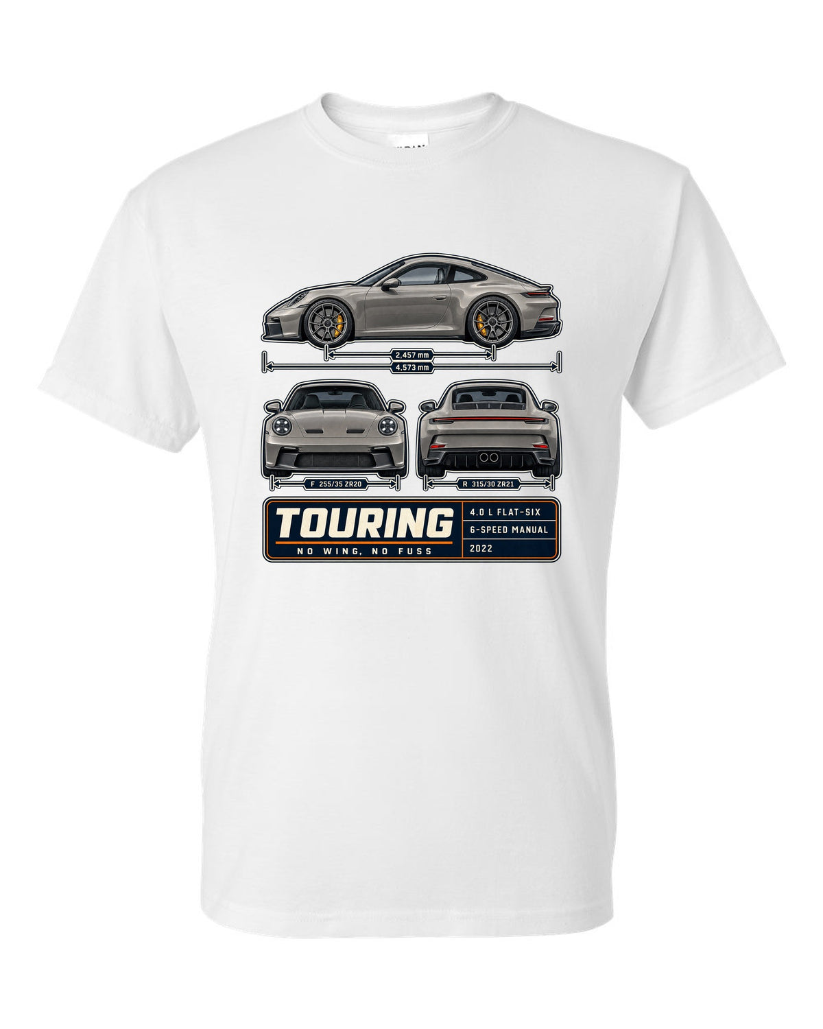 Porsche 992 GT3 Touring three-view spec table print design white t-shirt front view with the design