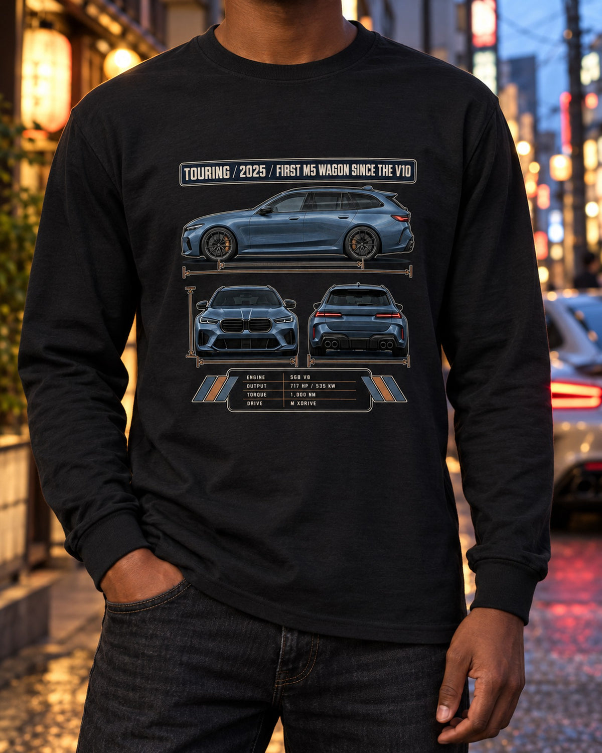 BMW M5 G90 Touring Three-View Tee, First M5 Wagon Since V10 Long Sleeve Black worn hero