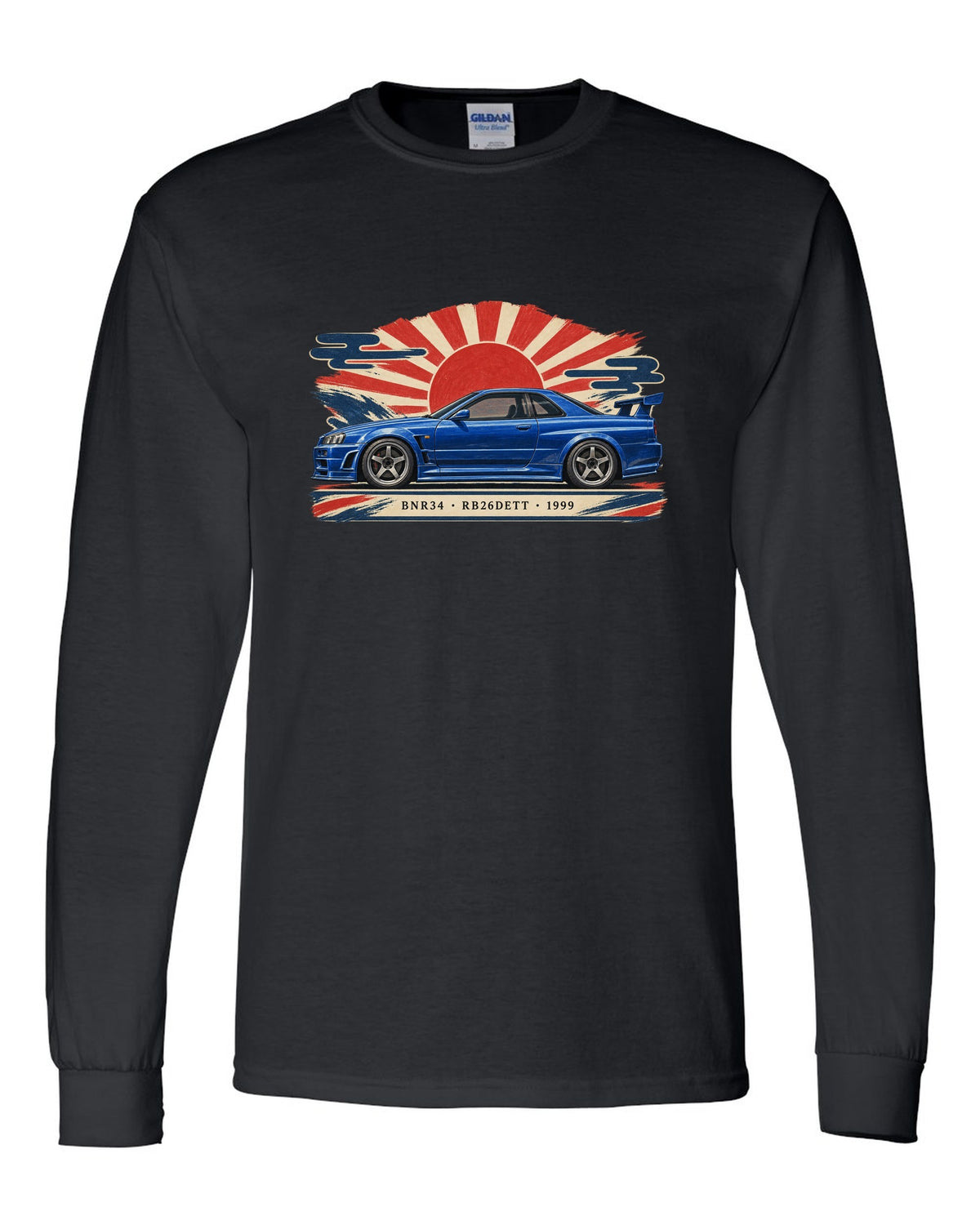 Retro Japanese Showa catalogue ad style print of a 1999 Nissan Skyline GT-R BNR34 with RB26DETT lettering black long sleeve front view with the design