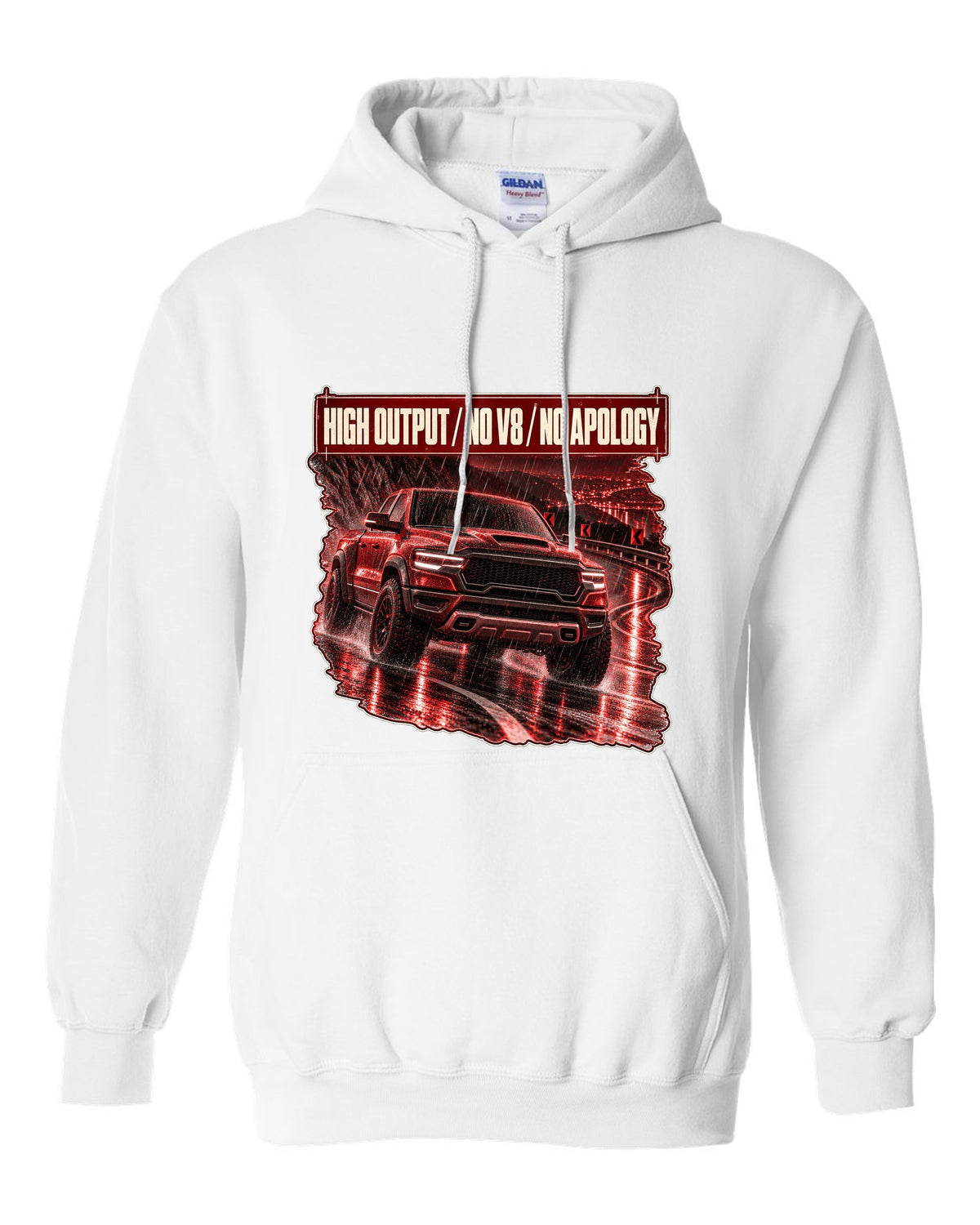 Ram 1500 RHO 2025 night street poster print white pull over hoodie front view with the design