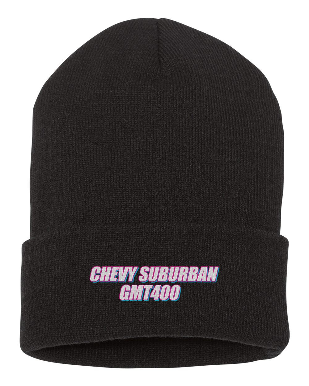 Chevy Suburban Gmt400 black beanie front view with car name