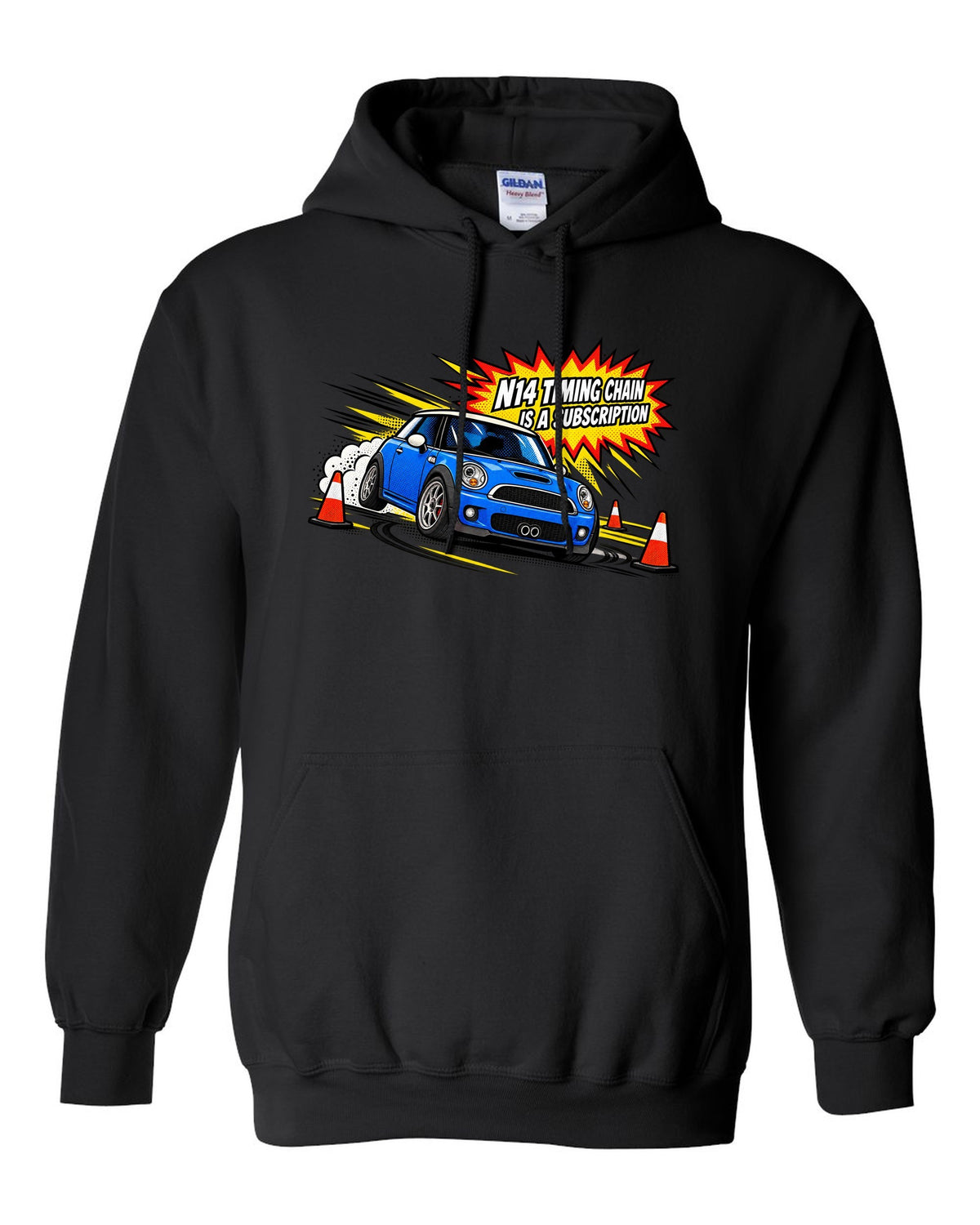 Comic halftone pop-art Mini Cooper S R56 with N14 timing chain joke black pull over hoodie front view with the design