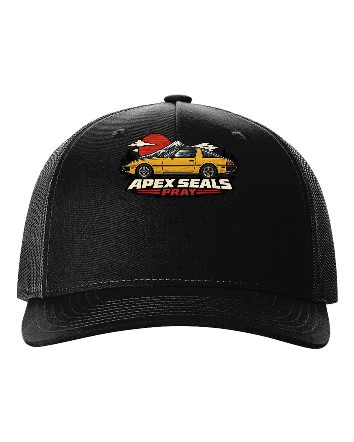 Mazda RX-7 SA22C Linocut Side Profile black hat front view with the design