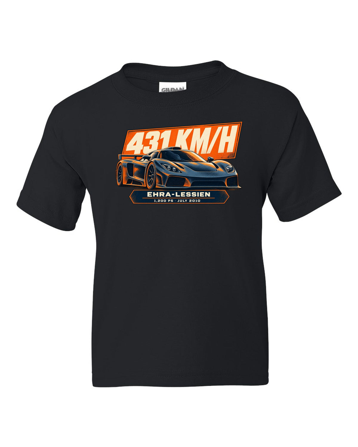 Halftone poster-style Bugatti Veyron 16.4 Super Sport with record-run text on the front of a tee black kids tee front view with the design