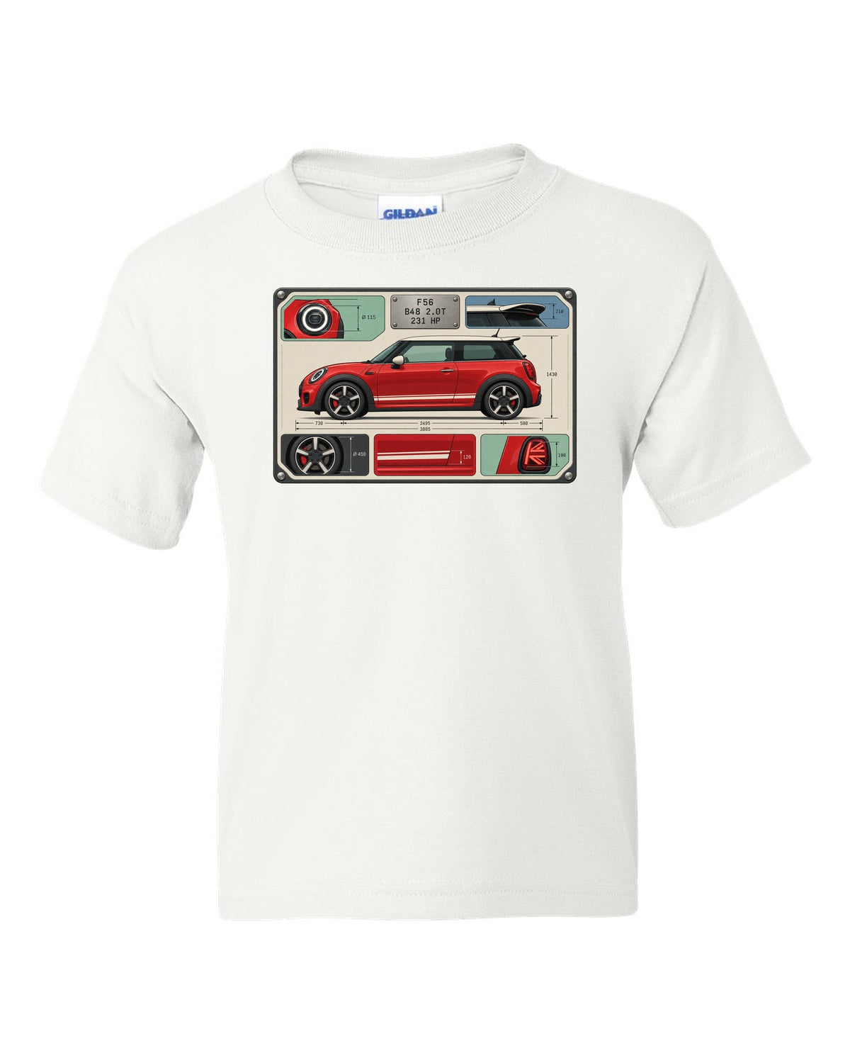 Spec-sheet data plate for the Mini JCW F56 with B48 2.0T and 231 HP white kids tee front view with the design