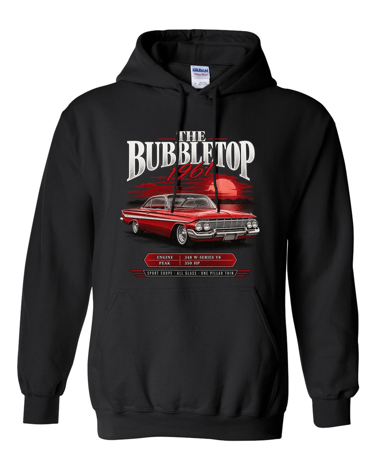 1961 Impala Sport Coupe bubbletop archive panel print with 348 V8 callouts black pull over hoodie front view with the design