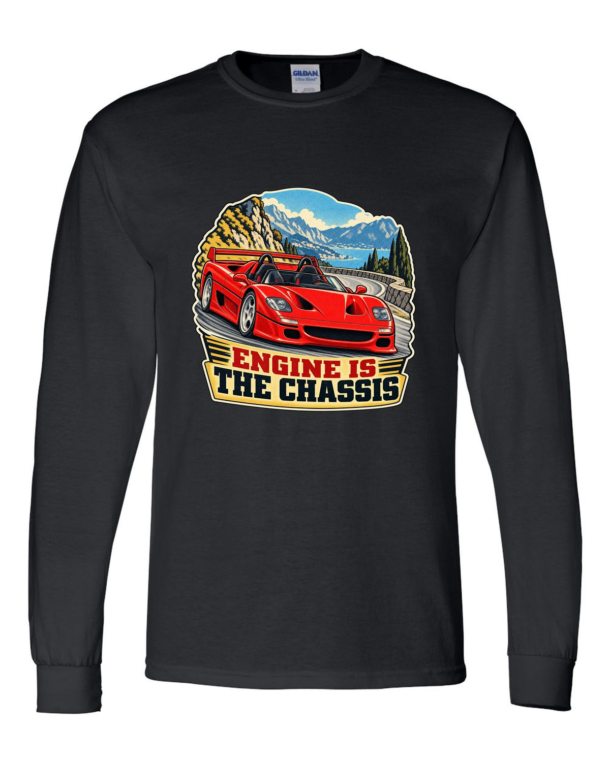Retro race-programme print of a 1995 Ferrari F50 F130 with roof off on a mountain pass and engine is the chassis text black long sleeve front view with the design