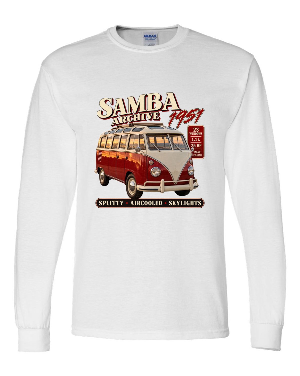 Archive panel print of a VW T1 Samba bus front three-quarter with 23 windows text white long sleeve front view with the design