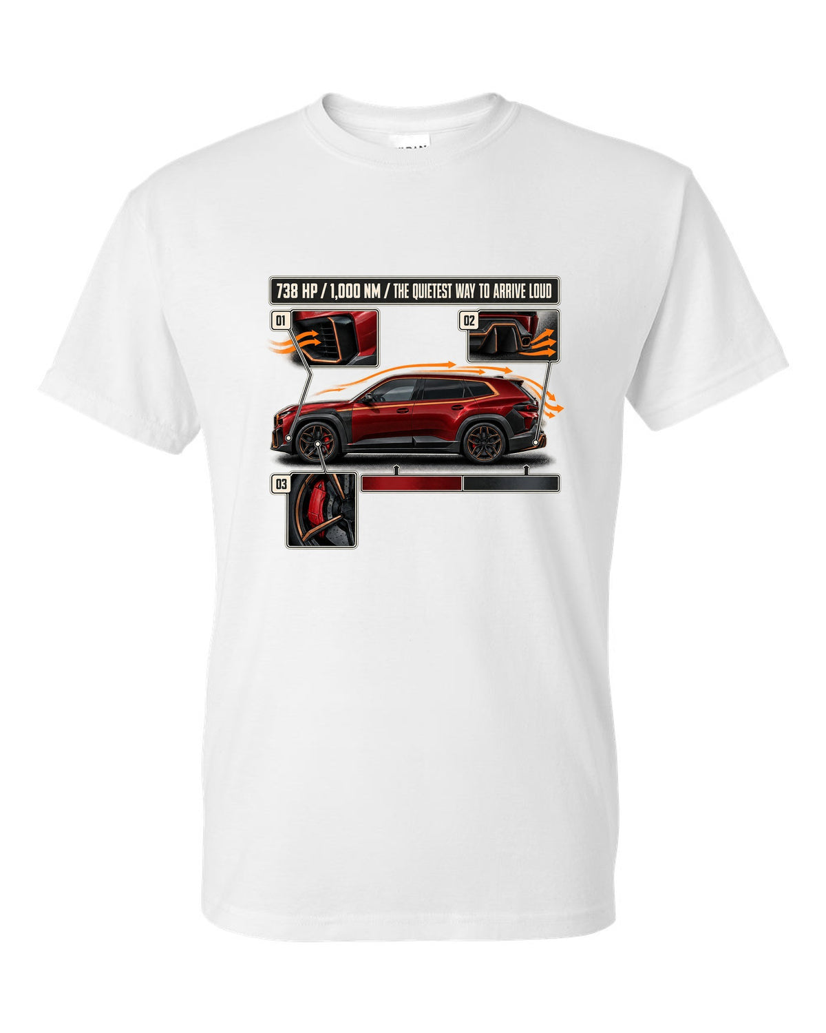 BMW XM Label Red aero cutaway callouts print on a tee white t-shirt front view with the design