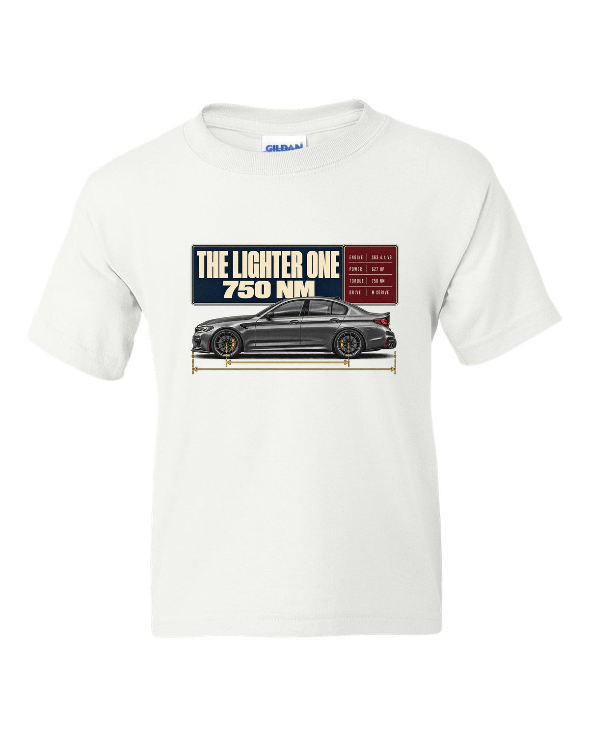 BMW M5 F90 CS spec poster print on a tee white kids tee front view with the design