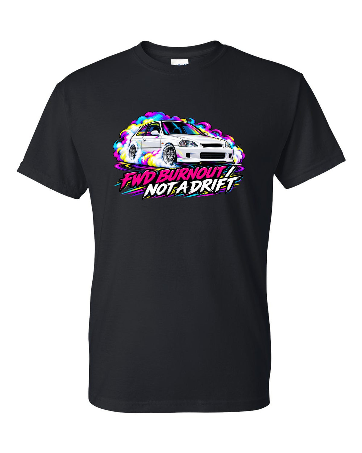 Neon pop style print of a Honda Civic Type R EK9 doing a FWD burnout with not a drift text black t-shirt front view with the design