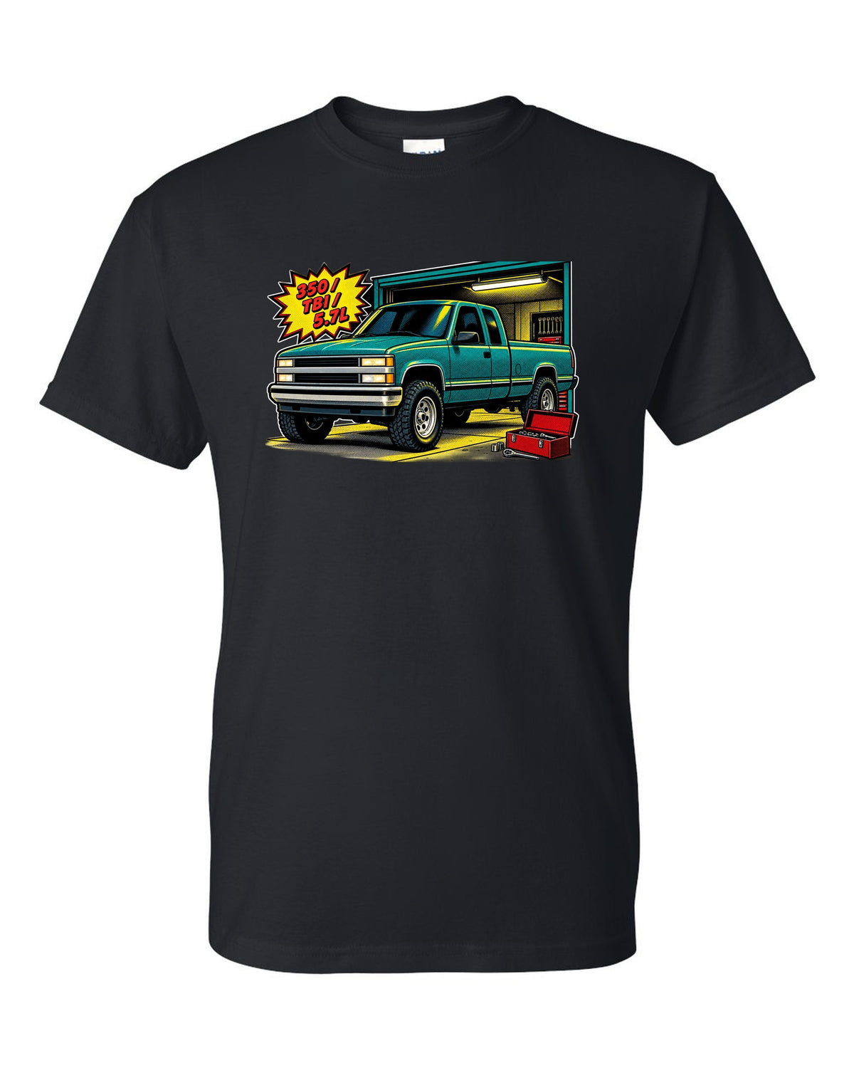 Comic halftone pop-art print of a 1988-1998 Chevrolet GMT400 OBS Silverado with 350 TBI 5.7L text black t-shirt front view with the design