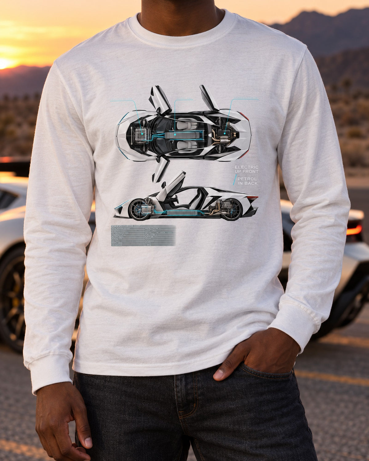 BMW i8 I12 Spec Poster Shirt, Electric Front Petrol Rear Long Sleeve White worn hero