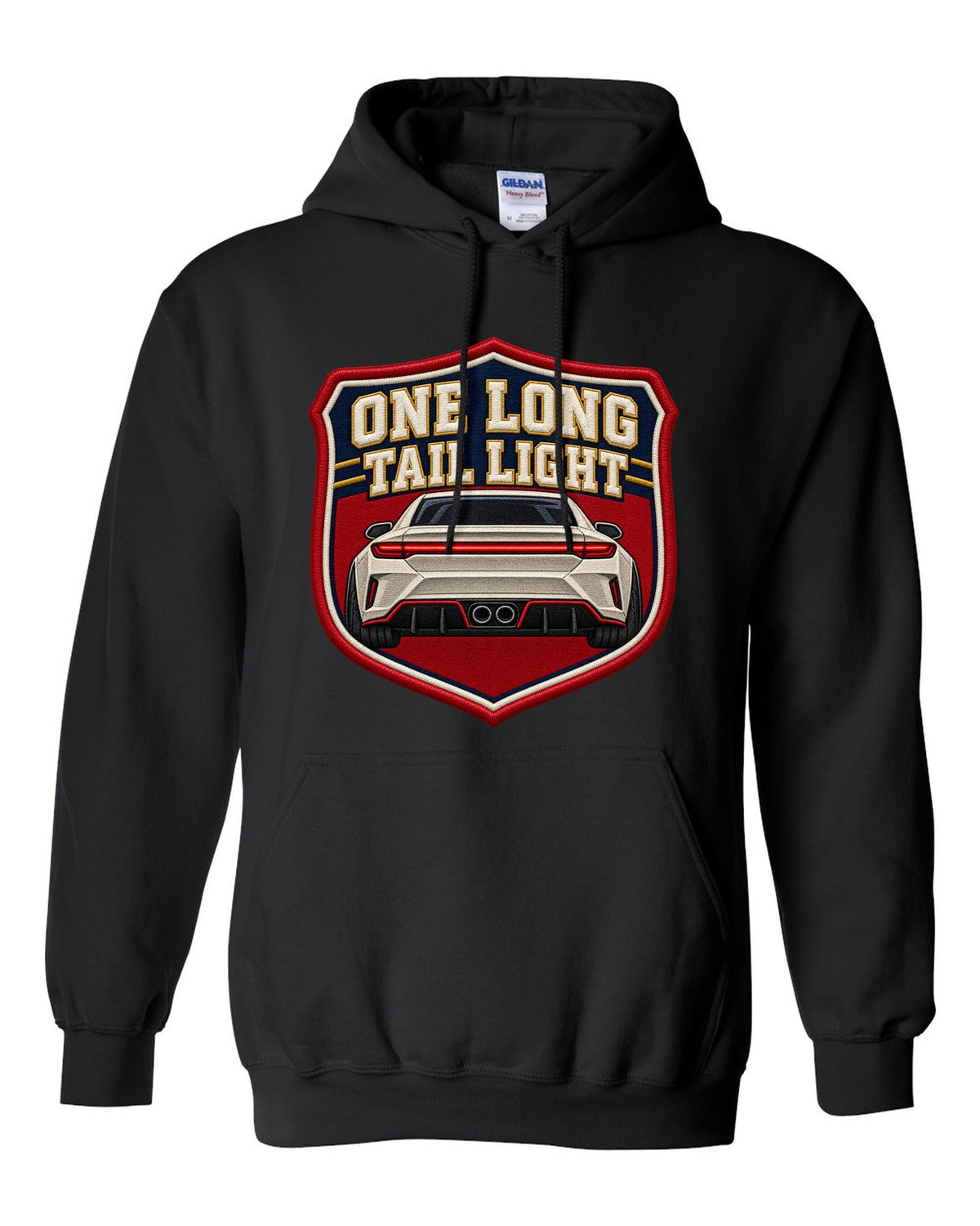 Embroidery varsity crest print of a Hyundai Elantra N CN7 rear with one long tail light text black pull over hoodie front view with the design