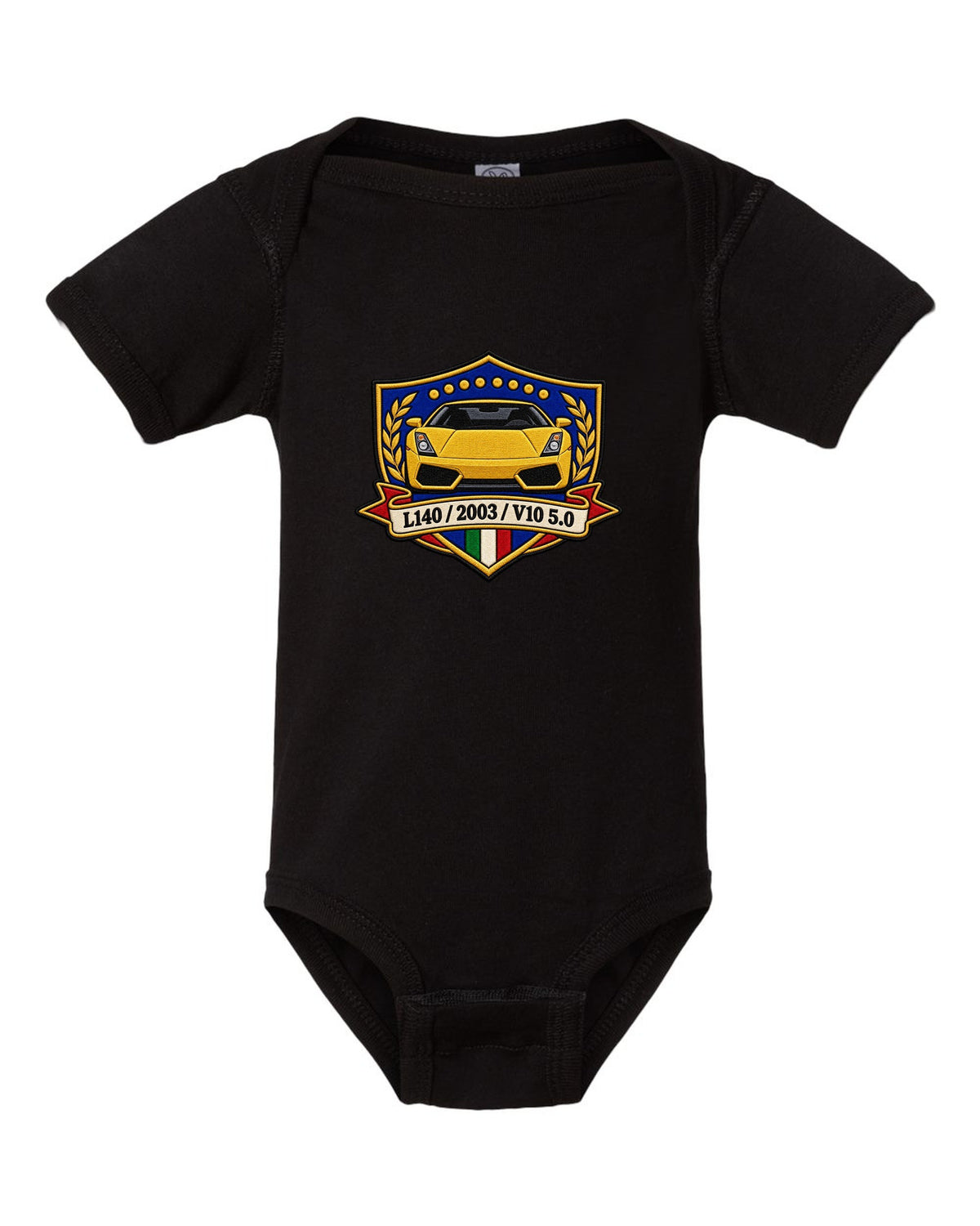 Embroidery-style crest for a 2003 Lamborghini Gallardo L140 with V10 5.0 text black baby onesie front view with the design
