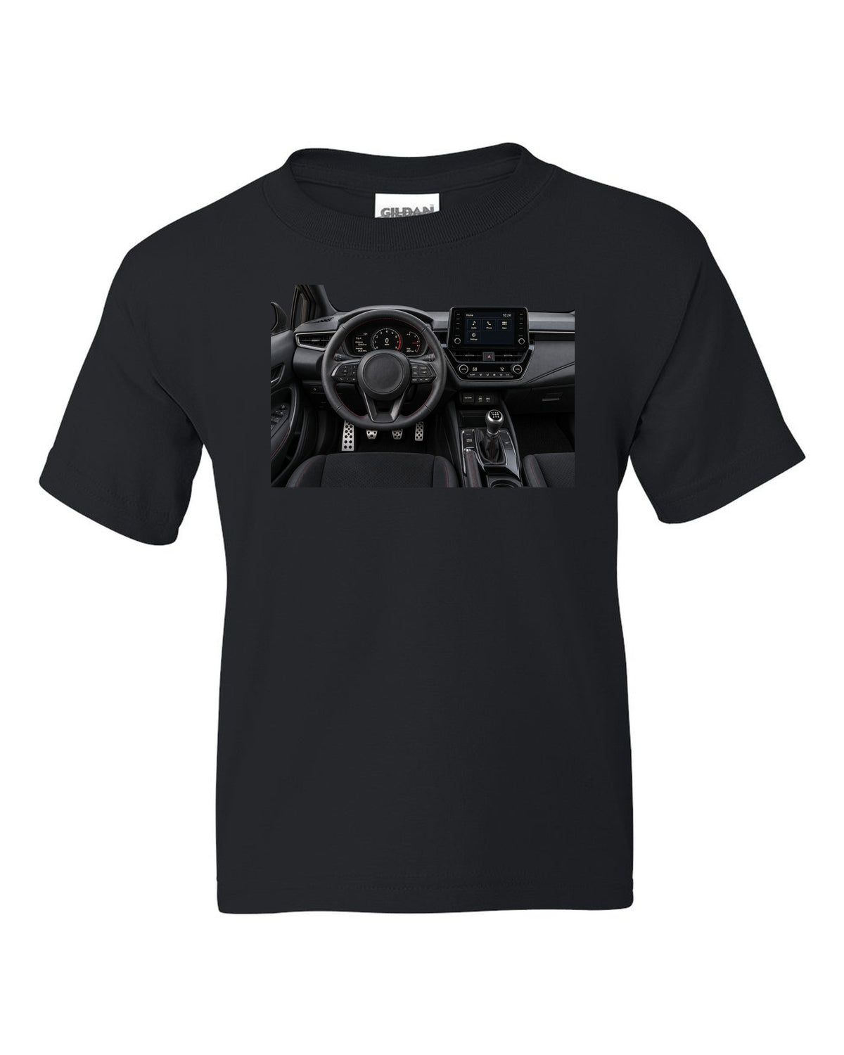 Overhead Toyota GR Yaris G16E-GTS engine bay illustration black kids tee front view with the design