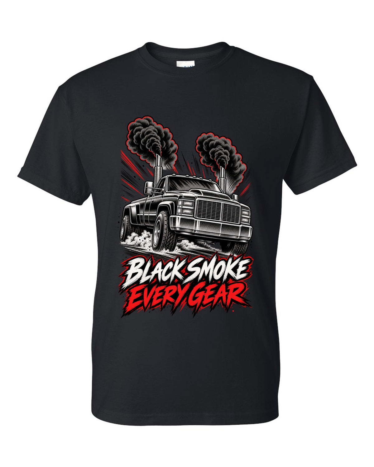Retro manga halftone panel print of a 1994-1998 Dodge Ram 2500 12V Cummins with black smoke black t-shirt front view with the design