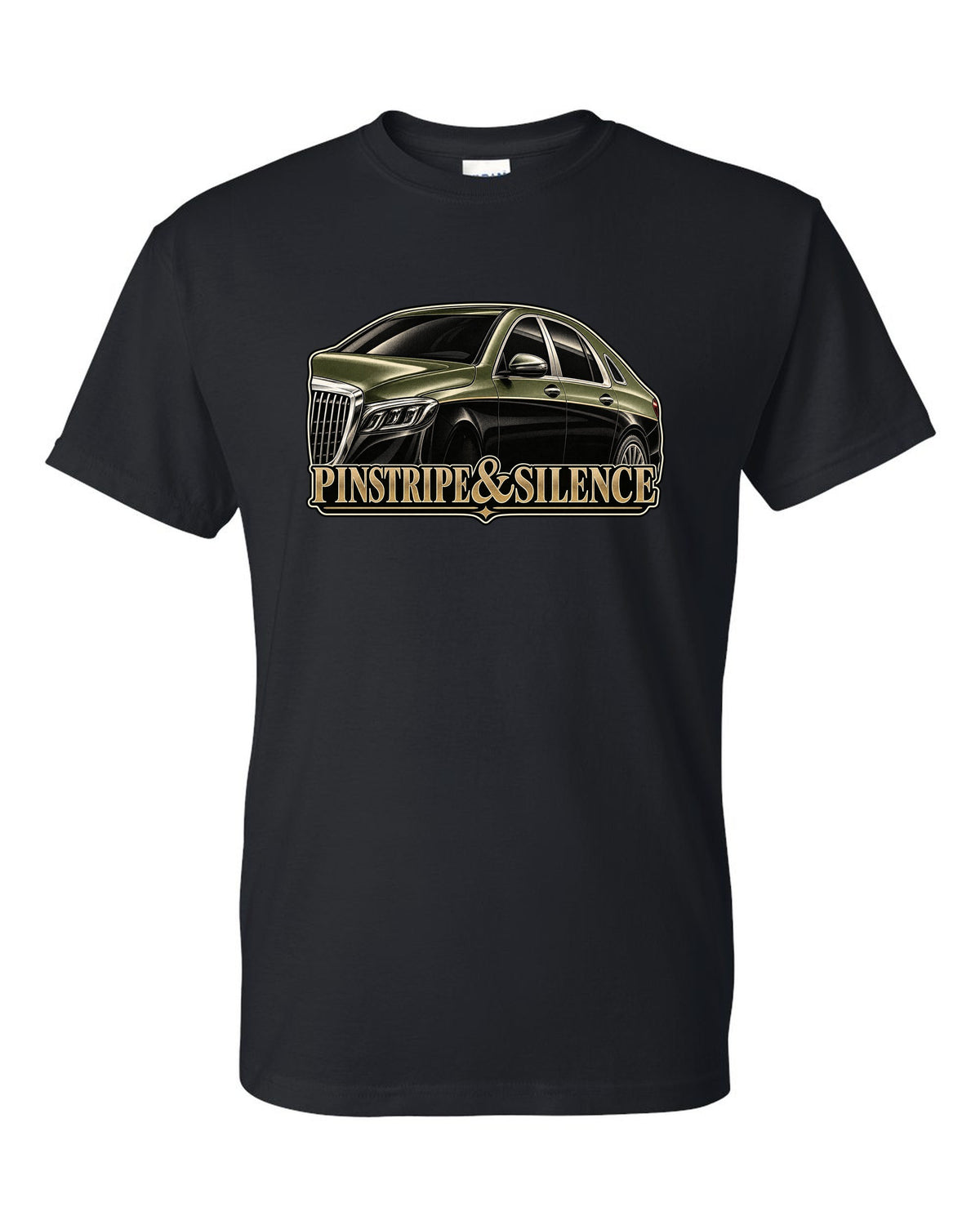 Duotone screenprint of a two-tone Mercedes-Maybach S-Class W222 with Pinstripe and Silence text black t-shirt front view with the design