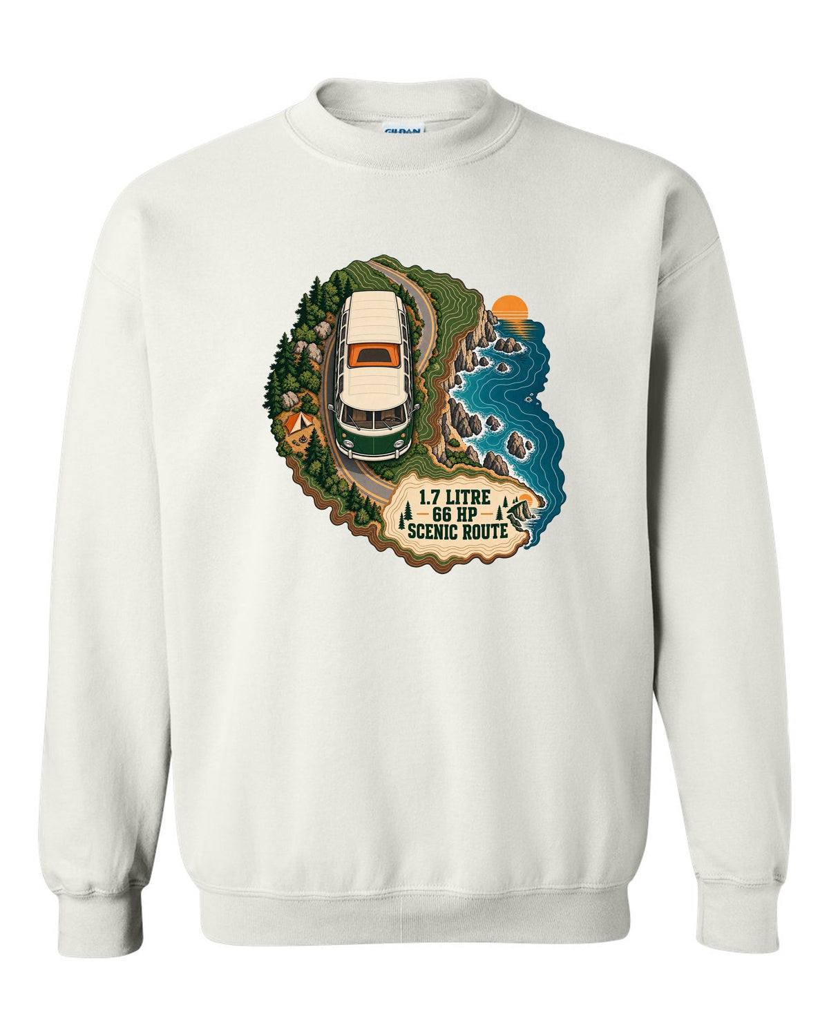 Topographic route map print of a 1972 VW Bus T2 bay window with scenic route lettering white crewneck front view with the design