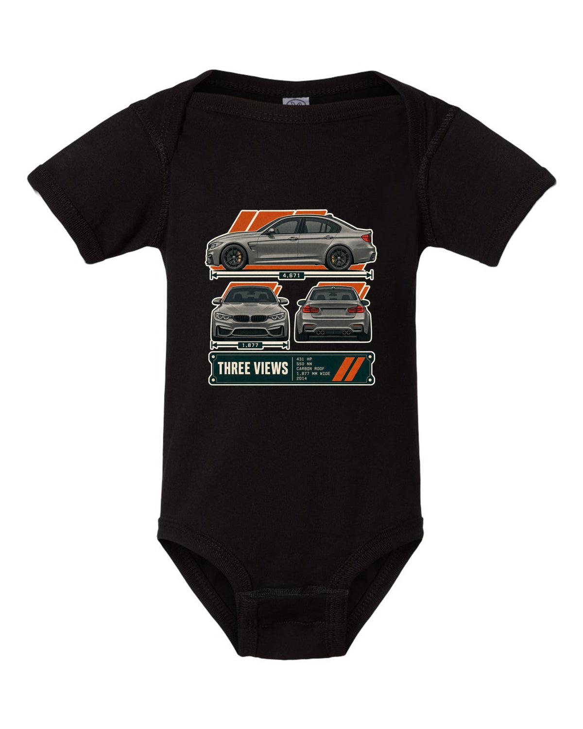 BMW M3 F80 three-view drawing with spec table print black baby onesie front view with the design