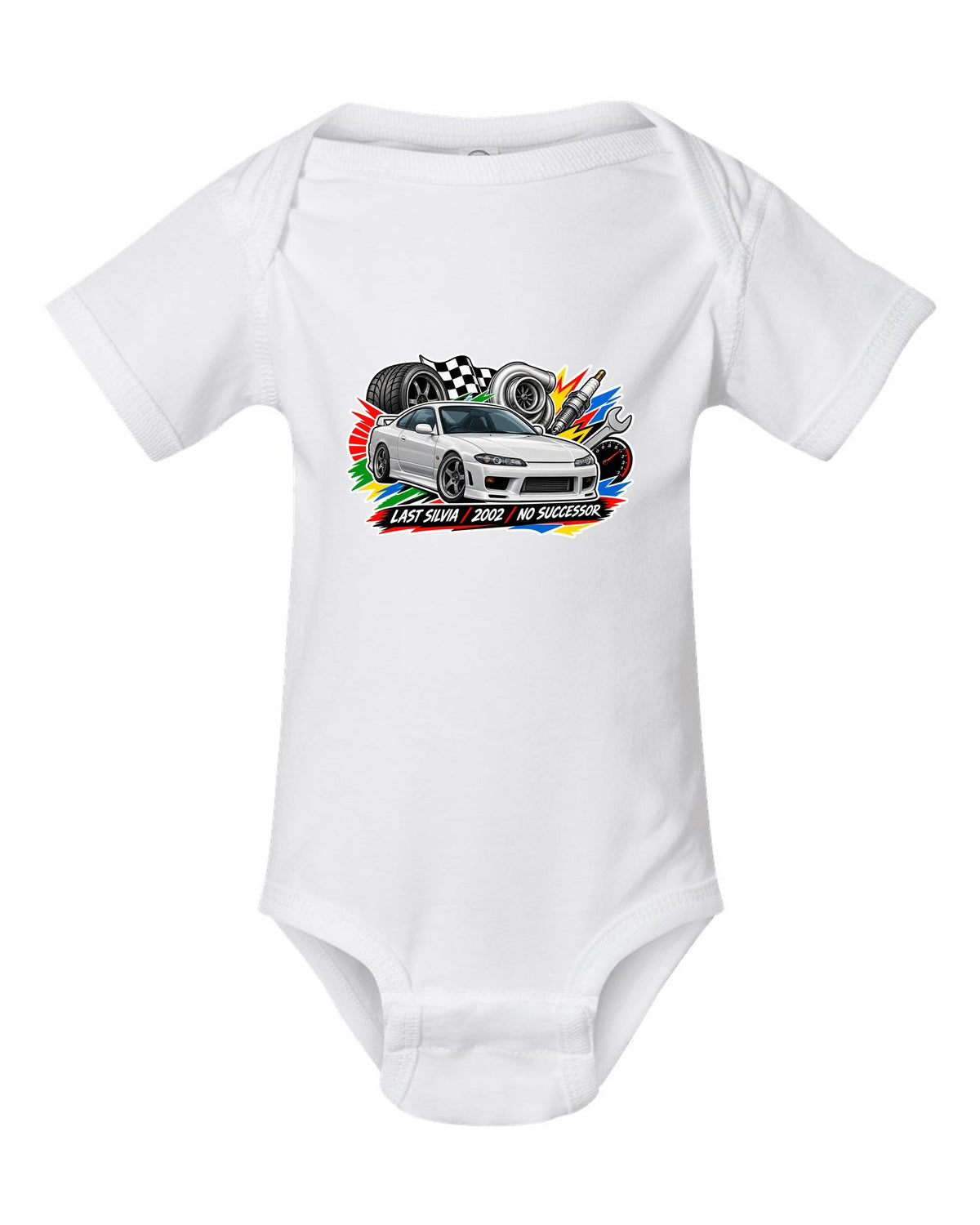 Sticker-bomb collage print for the Nissan Silvia S15 with last Silvia 2002 no successor lettering white baby onesie front view with the design