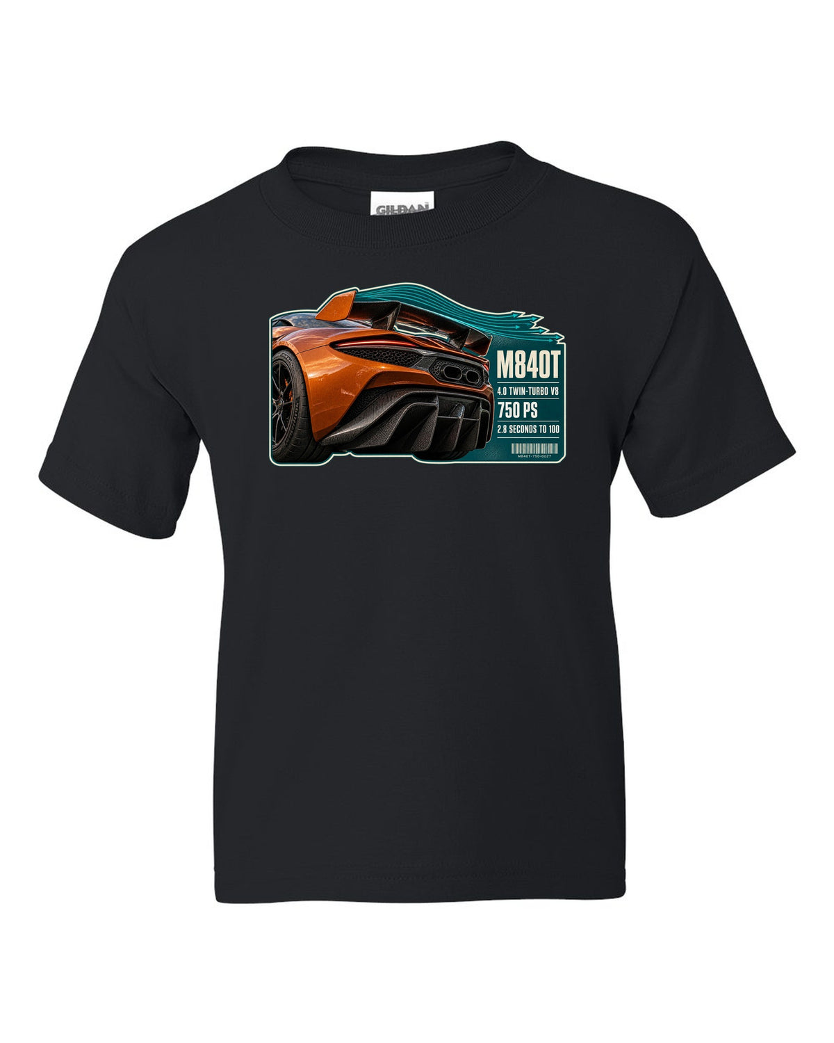 print taillight close-up of a McLaren 750S in burnt orange black kids tee front view with the design