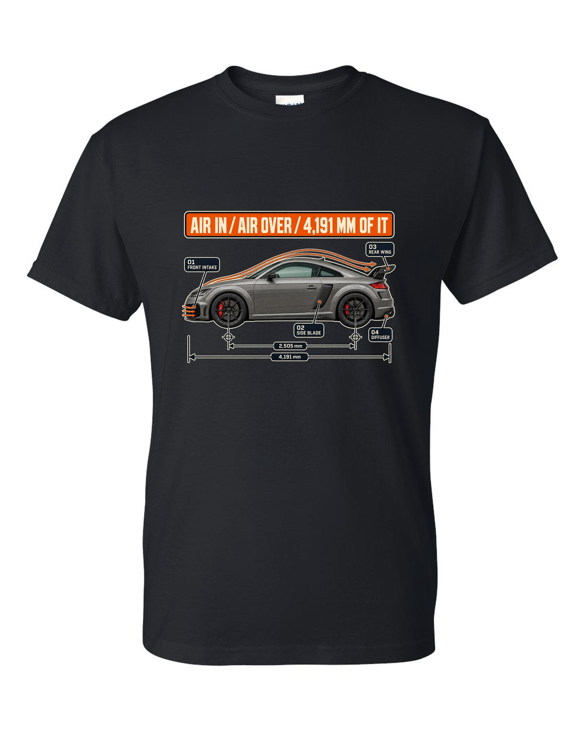Audi TT RS facelift aero cutaway diagram with airflow callouts print black t-shirt front view with the design