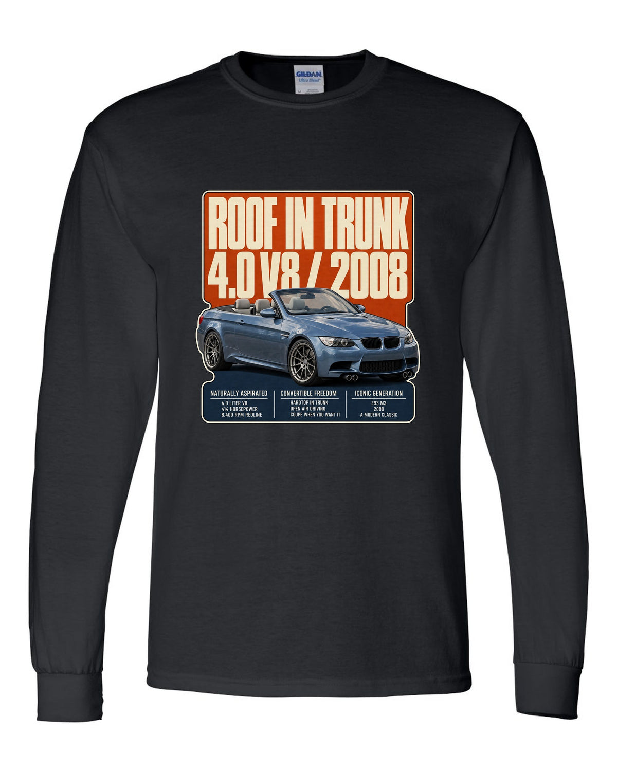 BMW M3 E93 convertible editorial headline print black long sleeve front view with the design