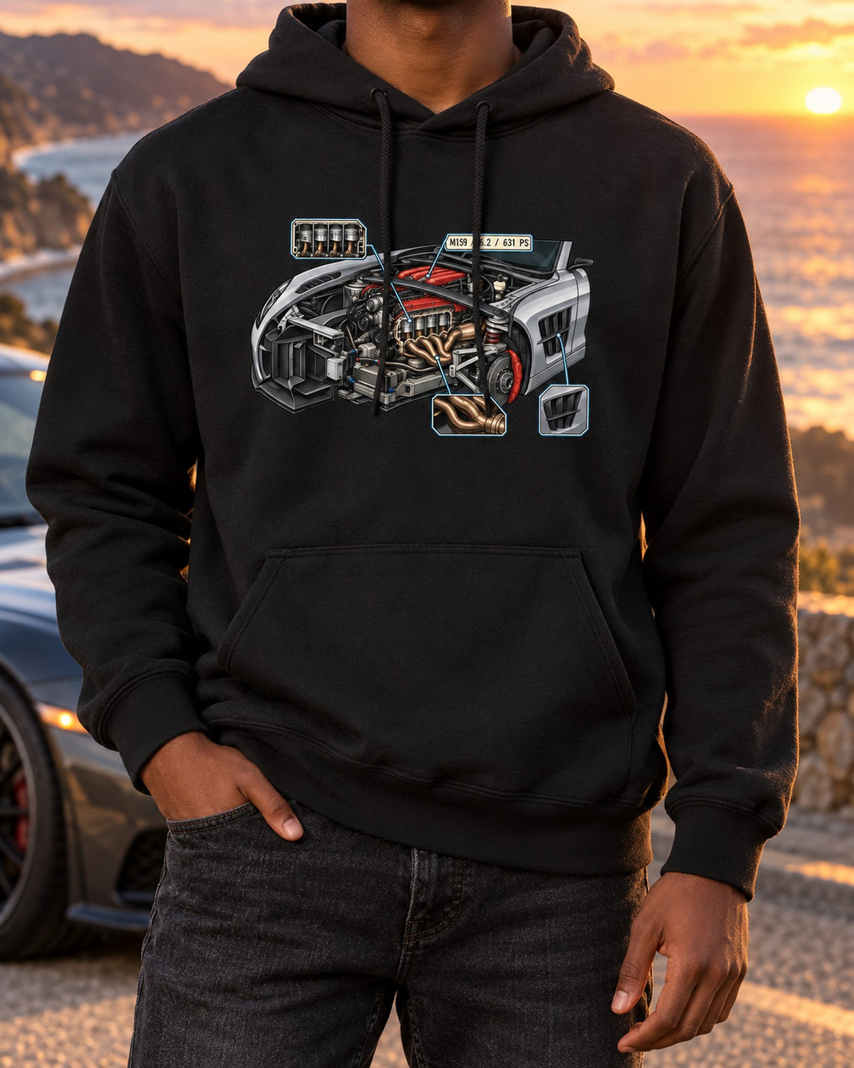 Mercedes G-Class W463 Field Plan Technical Blueprint Shirt Pull Over Hoodie Black worn hero