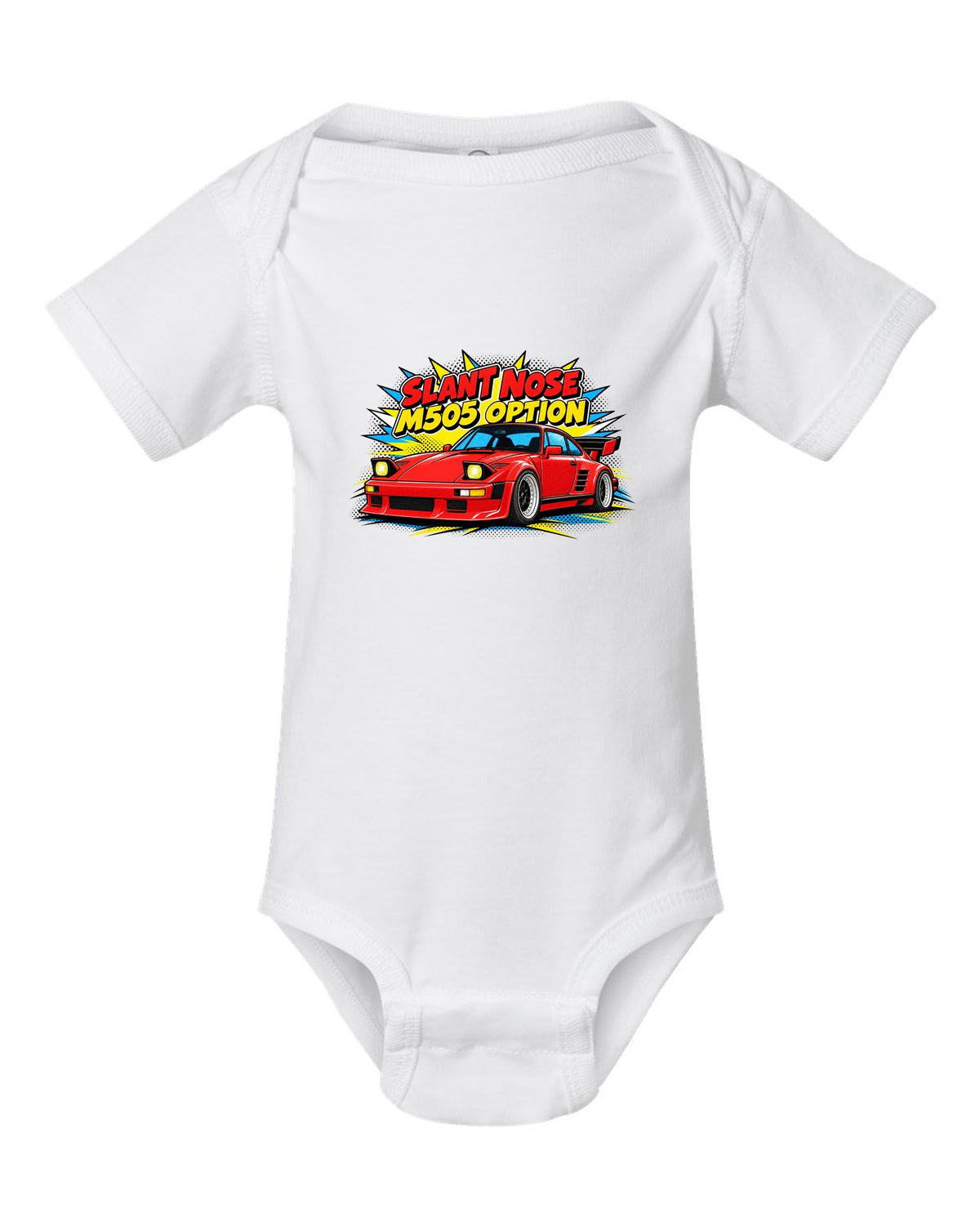 Porsche 930 Slant Nose pop-art halftone design with M505 option lettering white baby onesie front view with the design