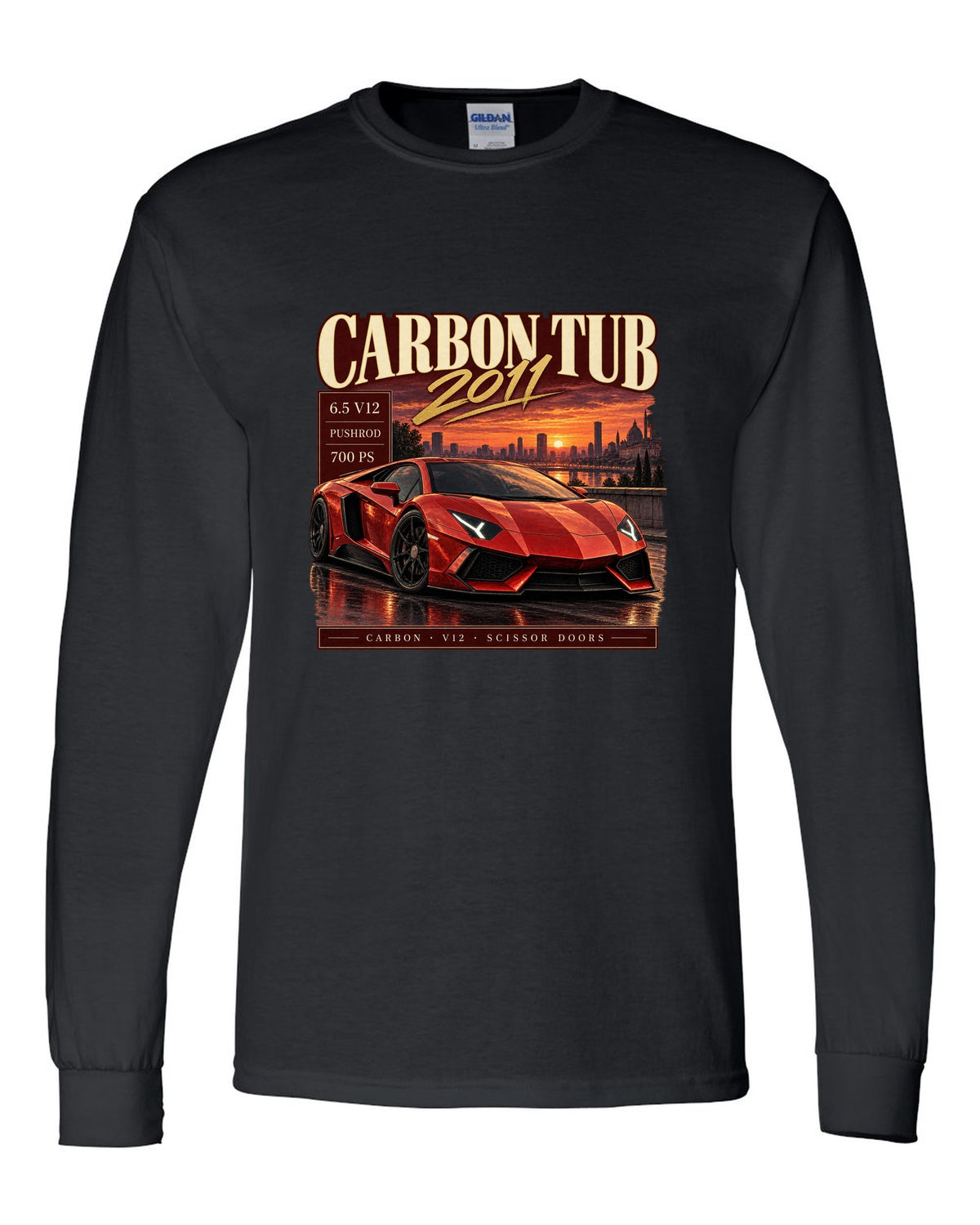 Archive panel print of a Lamborghini Aventador LP700-4 with Carbon Tub and 6.5 V12 text black long sleeve front view with the design