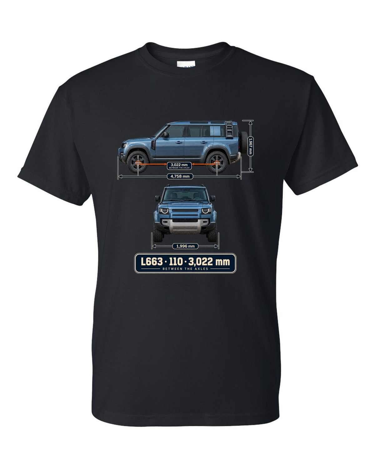Dimension blueprint print of the Land Rover Defender 110 L663 with wheelbase black t-shirt front view with the design