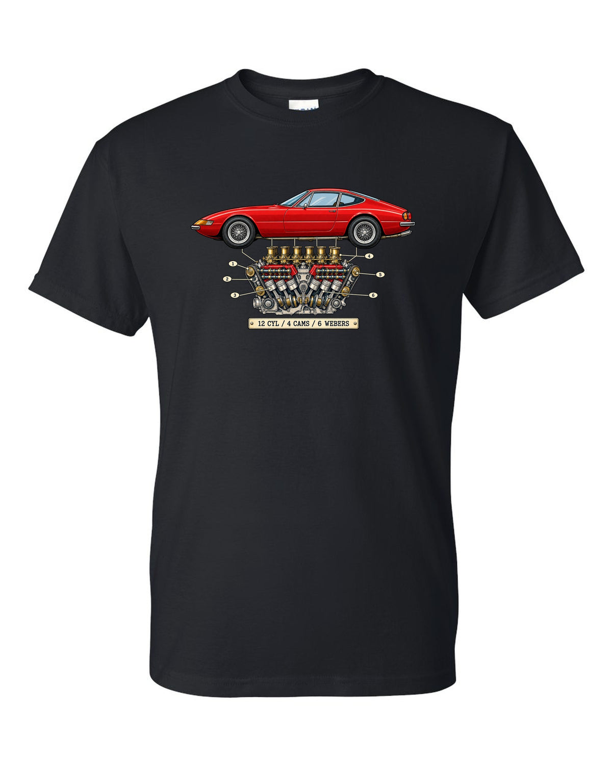 Patent-style drawing of the Ferrari 365 GTB/4 Daytona V12 engine black t-shirt front view with the design