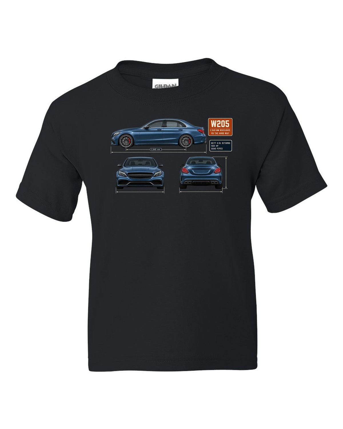 Mercedes-AMG C63 S W205 sedan three-view drawing in steel blue black kids tee front view with the design