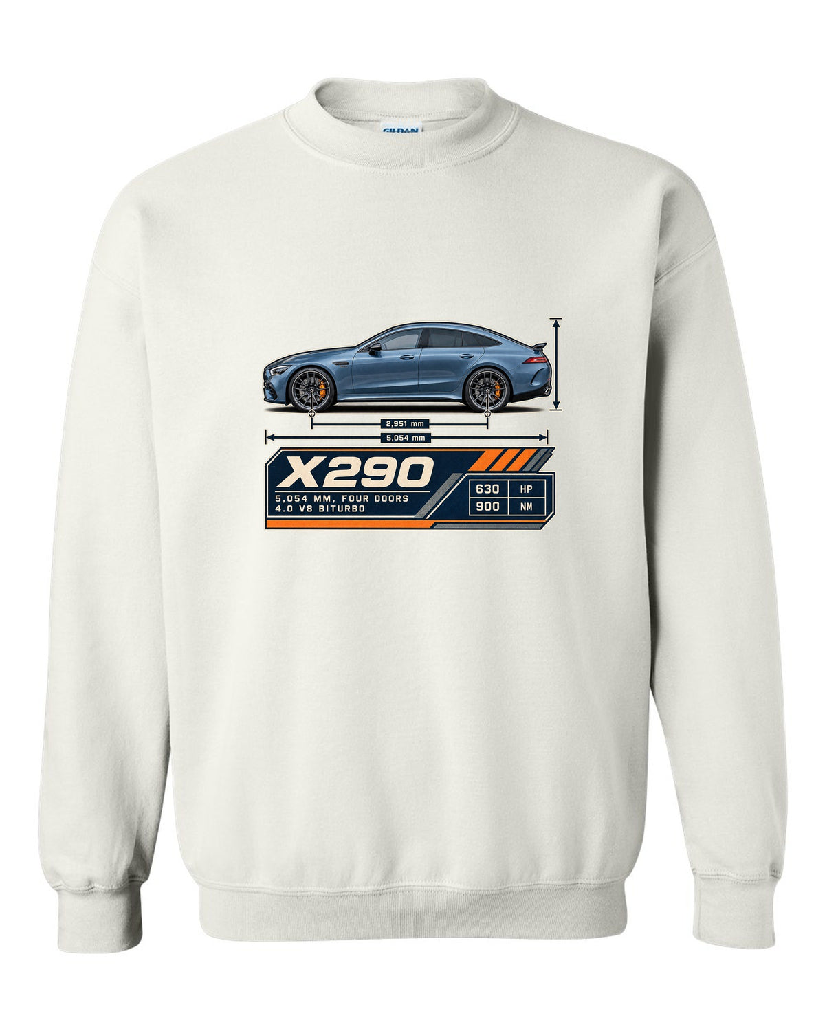Mercedes-AMG GT 63 S 4-Door X290 steel blue blueprint print white crewneck front view with the design